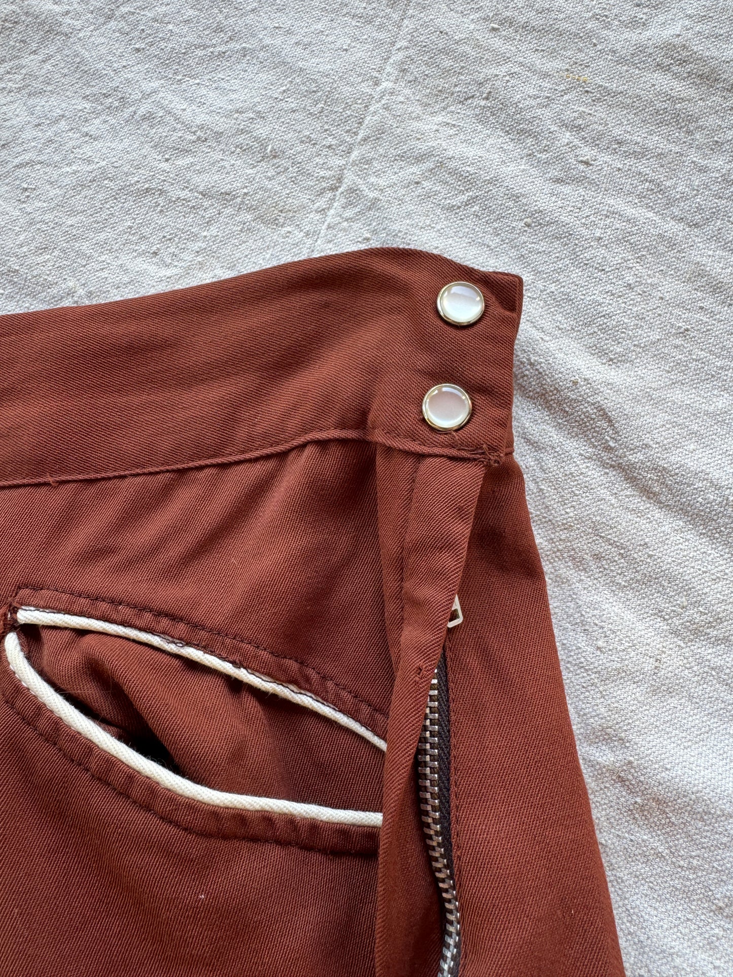 1950s Brown Gabardine Western Fringe Split Skirt Pants- 28” Waist