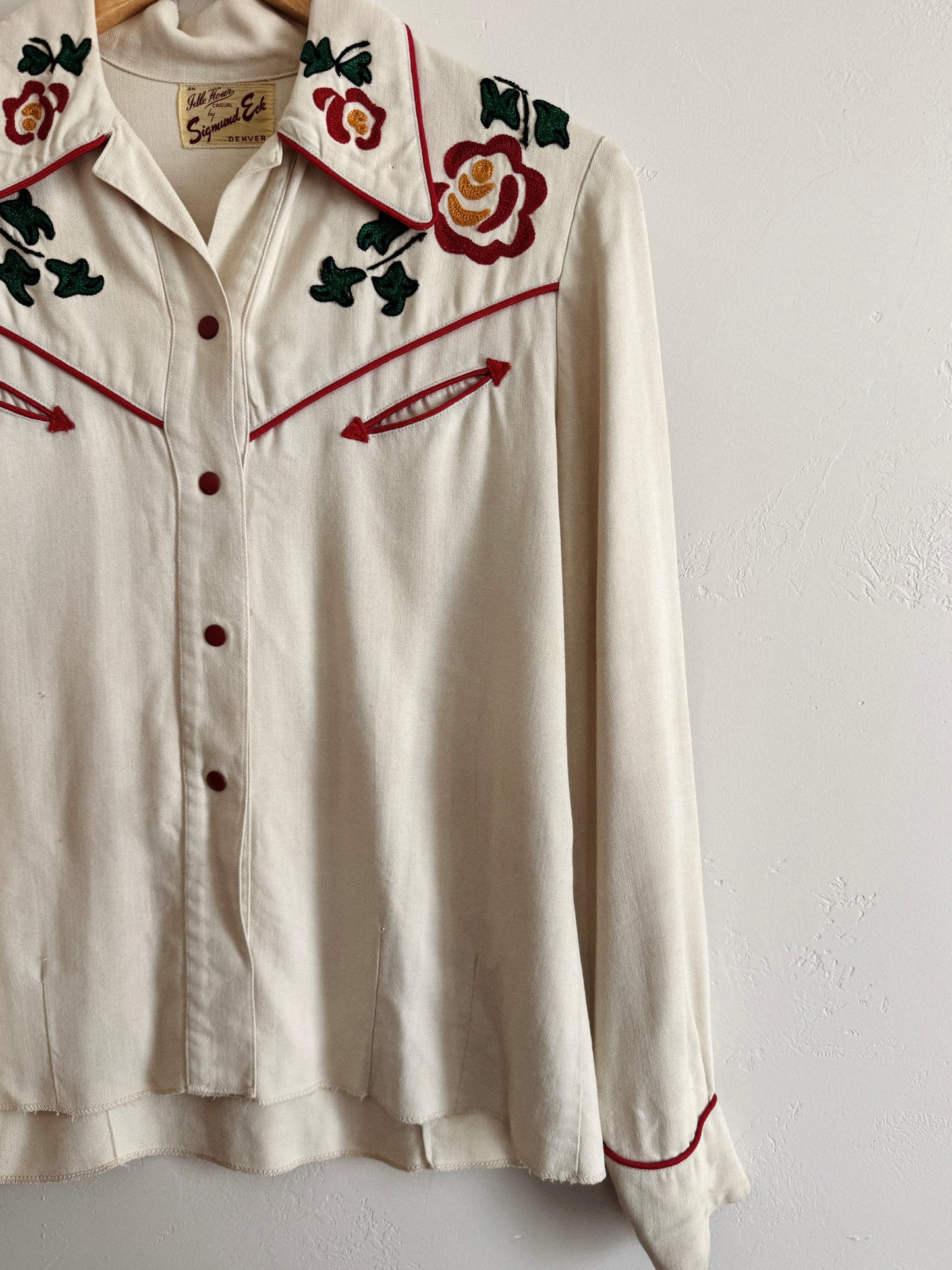 1940s Ivory Western Floral Chain Stitched Blouse- S/M