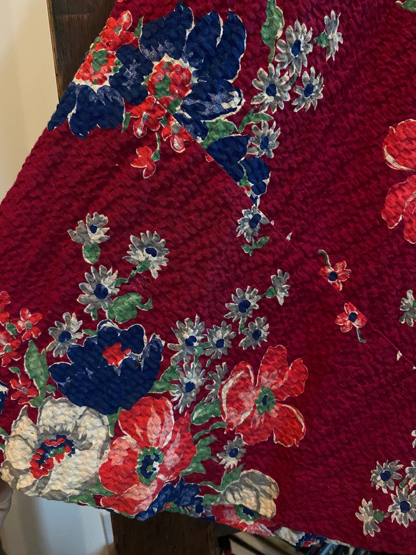 1930s Burgundy Fleur Puffed Sleeve Seersucker Maxi Dress- S