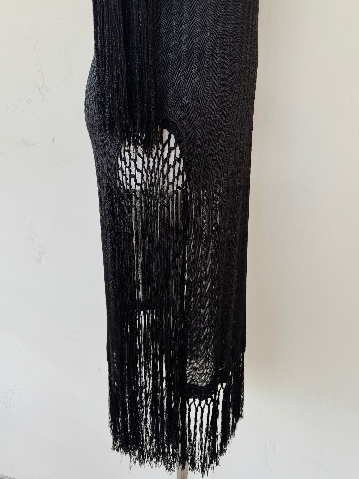 1920s Black Knit Rayon Jersey Fringe Dress- S/M