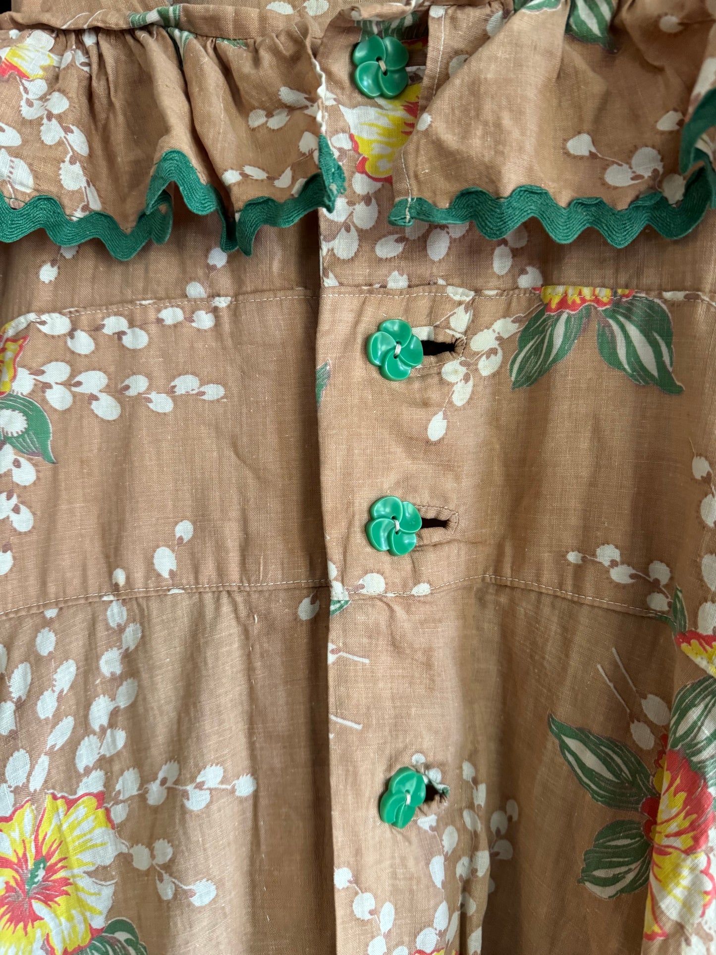 1940s Hawaiian Hibiscus Cotton Summer Dress w/ Ric Rac Trim- S