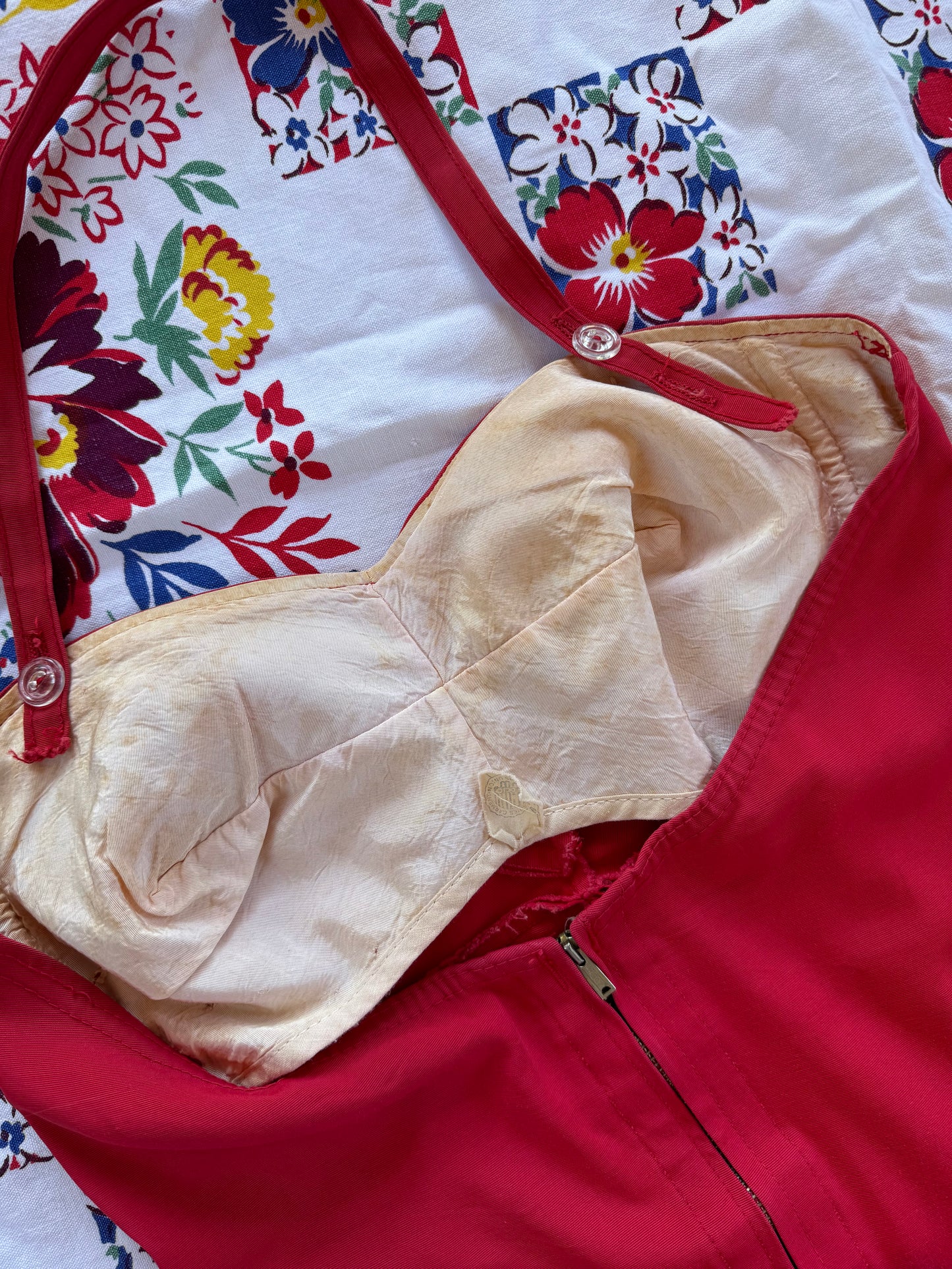 1950s Crimson Bullet Bra Halter Bathing Suit w/ Soutache Design- M/L