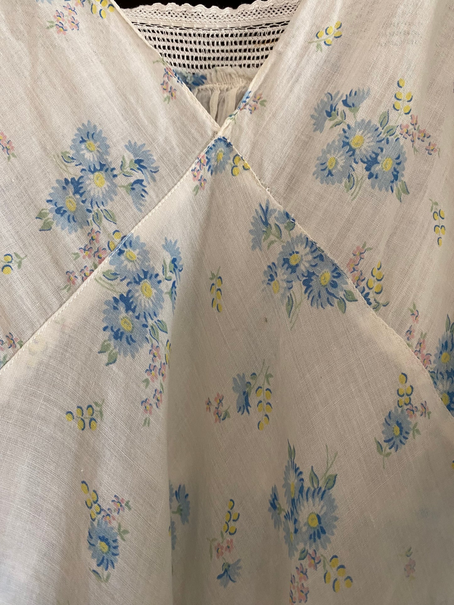 1930s/40s White + Cornflower Blue Batiste Cotton Slip Dress- M/L
