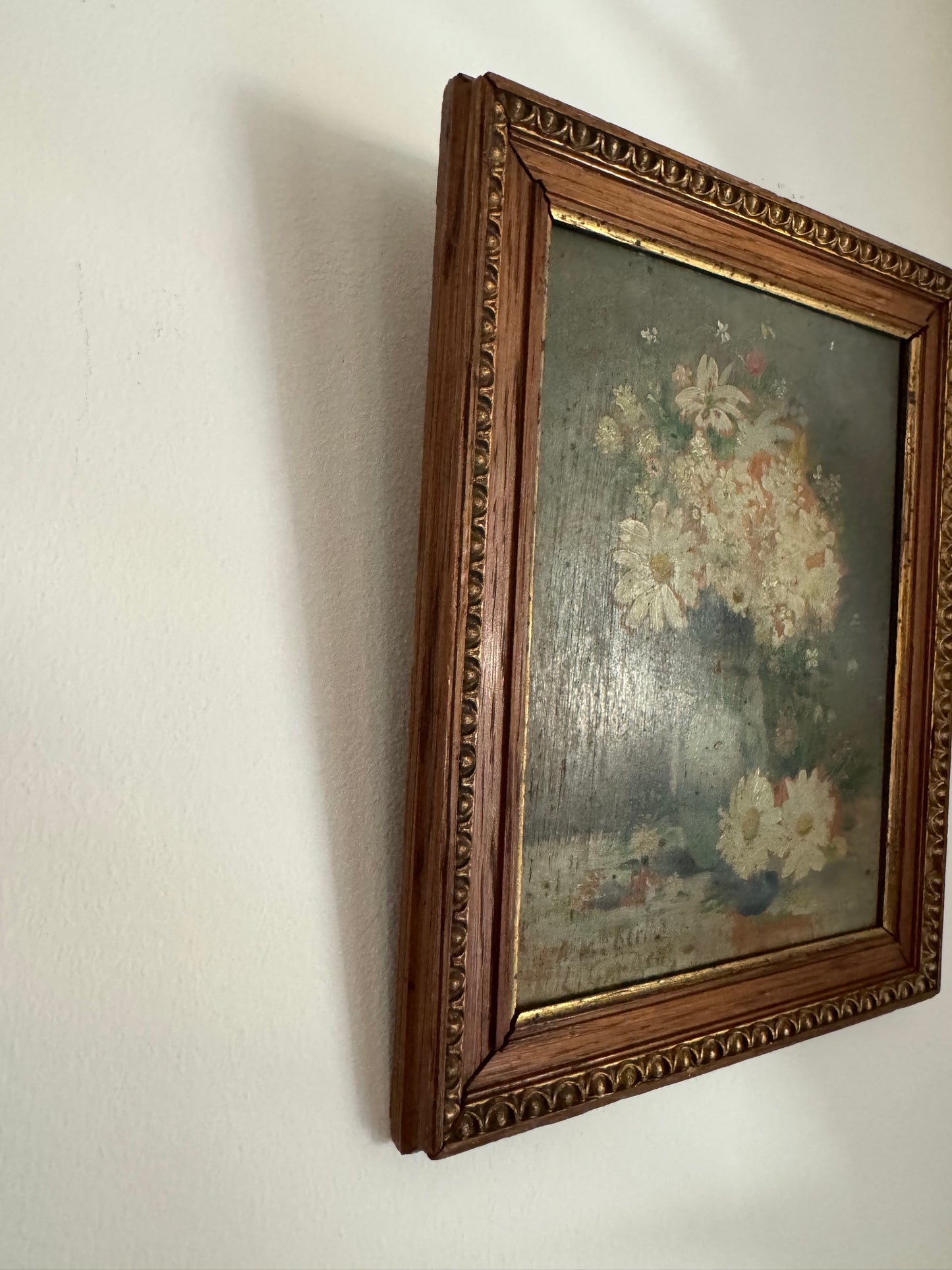 Antique French Spring Daisy Still Life. Oil on Wood- 10 x 8”