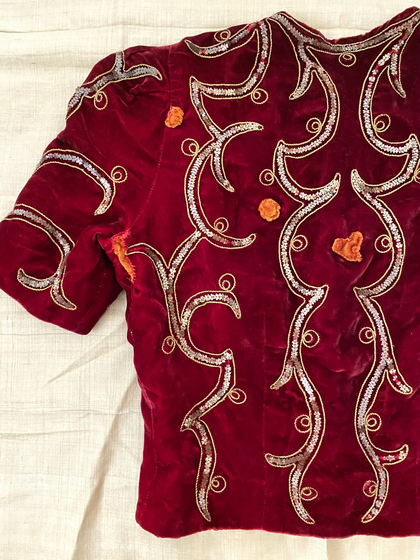 1930s Blood Red Silk Velvet Sequin Cropped Top w/ Bell Zip- S