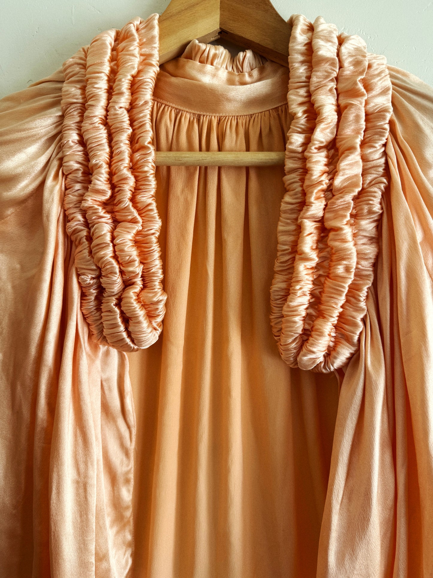 1930s Peach Liquid Satin Shrug w/ Heavily Ruched Collar- S/M