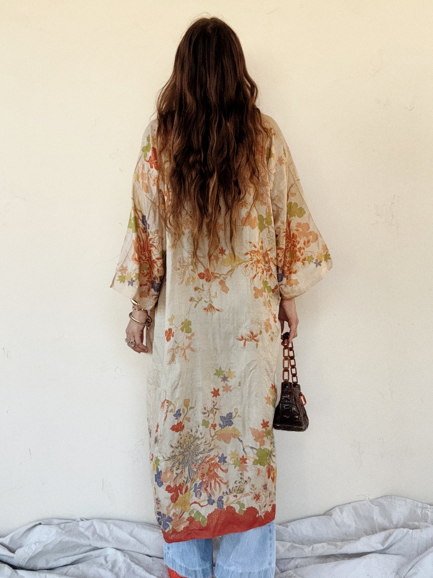1920s Chartreuse Pongee Silk Duster w/ Chrysanthemum + Autumnal Leaves