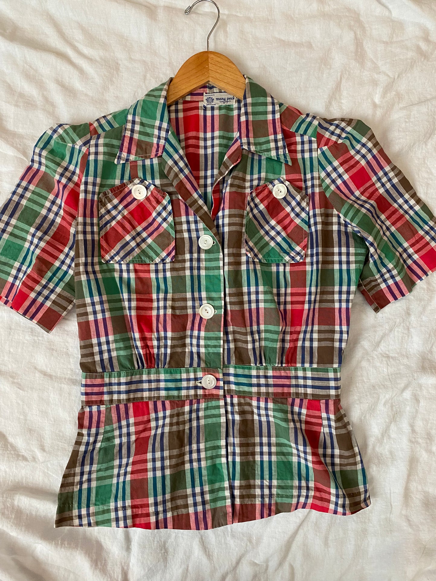 1940s Plaid Peplum Blouse w/ Puffed Shoulders- M/L