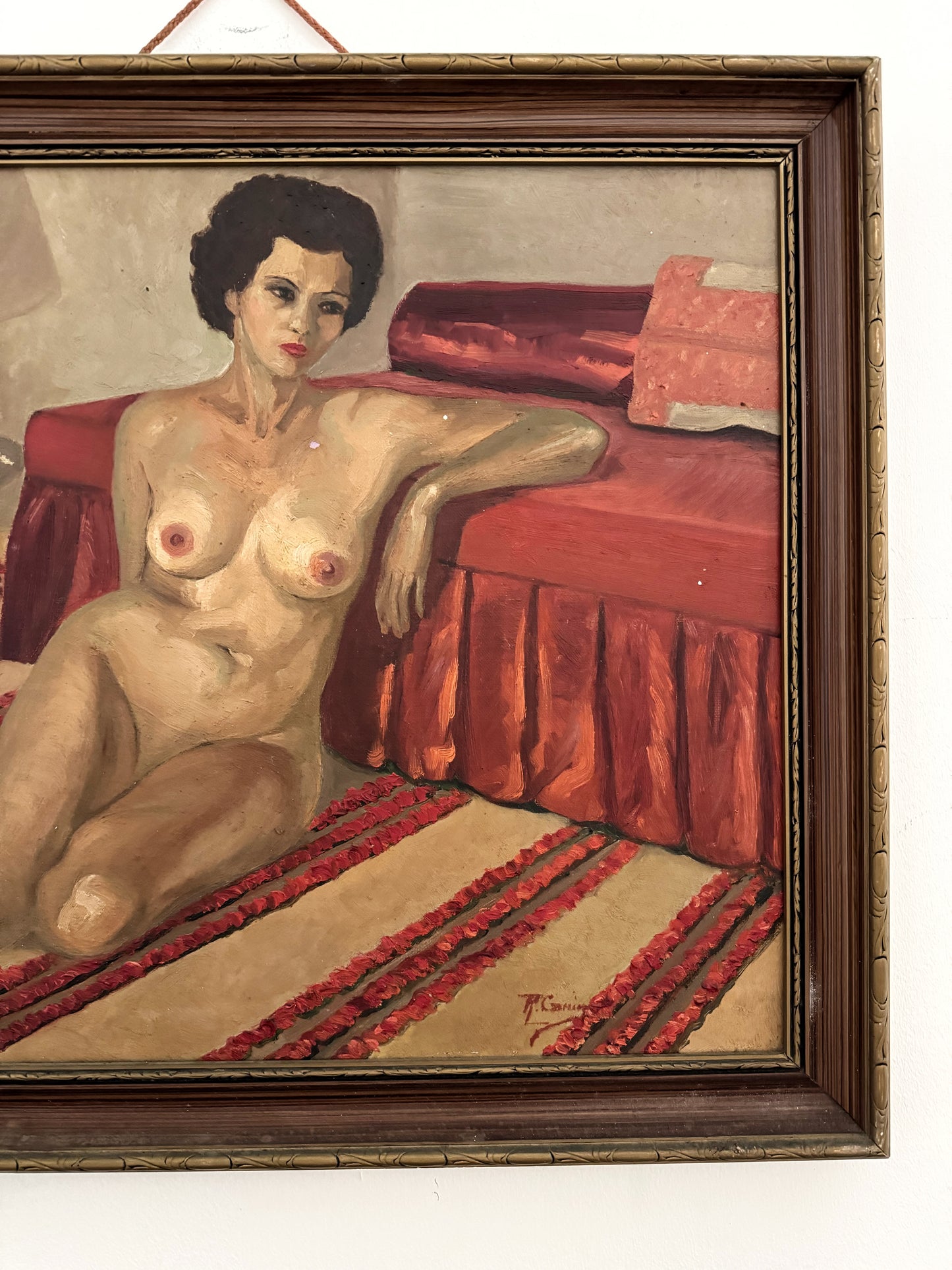 Mid Century Nude of Moroccan Woman on Red Striped Carpet- 21 x 25”