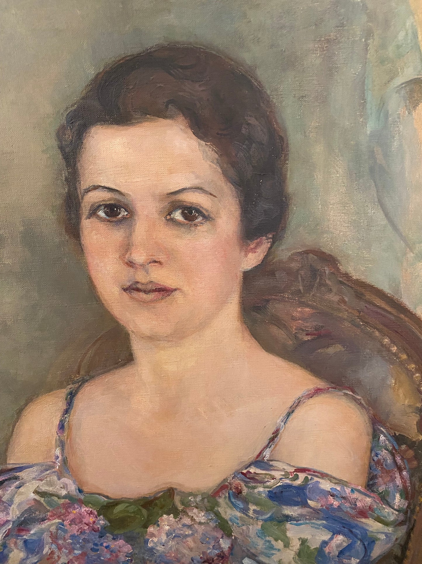 1930s Large Sage + Violet Portrait of a Woman in Gilt Frame- 29 x 37”