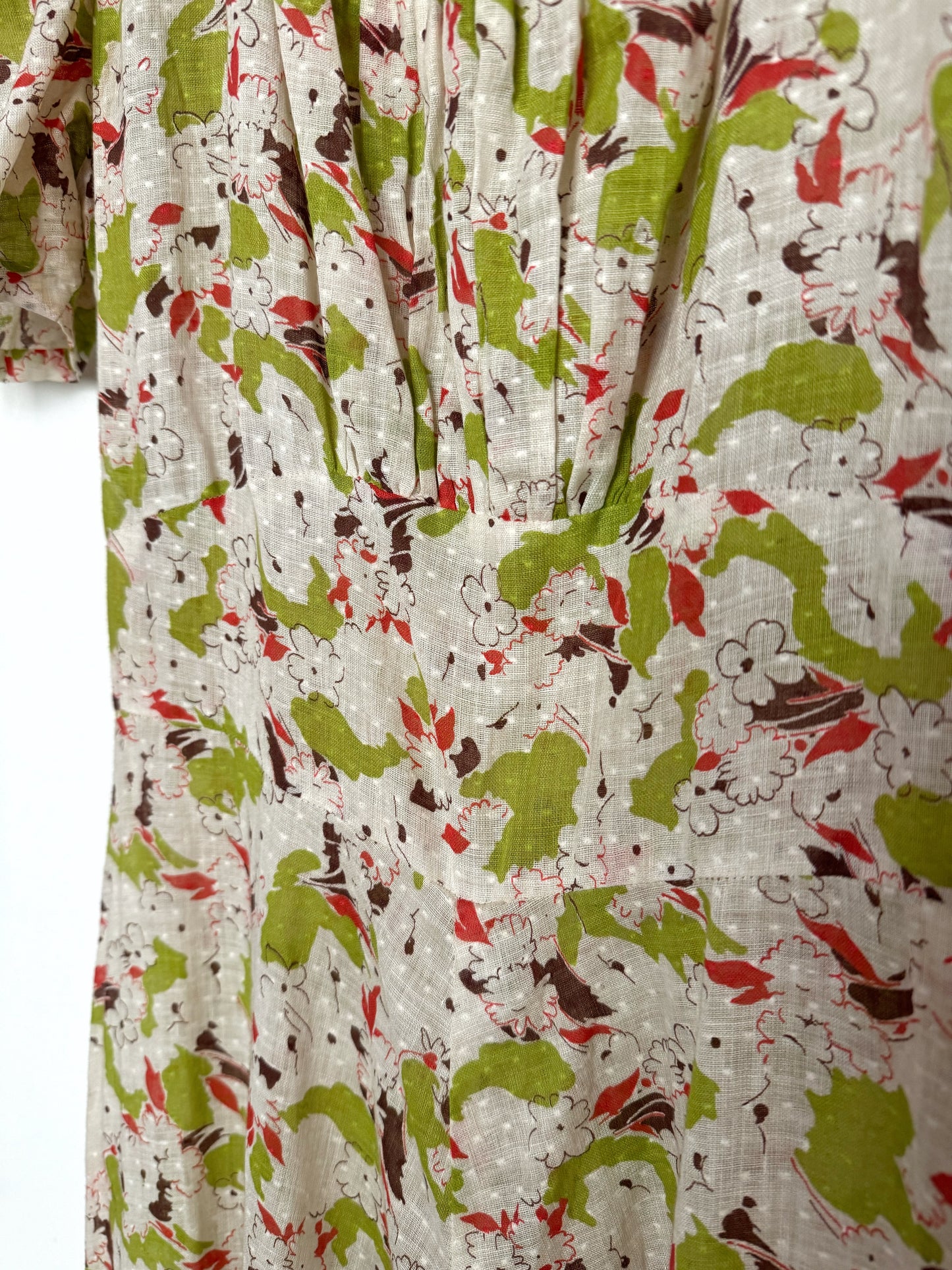 1930s Cotton Voile Lime Abstract Print Dress w/ Puffed Shoulders- S
