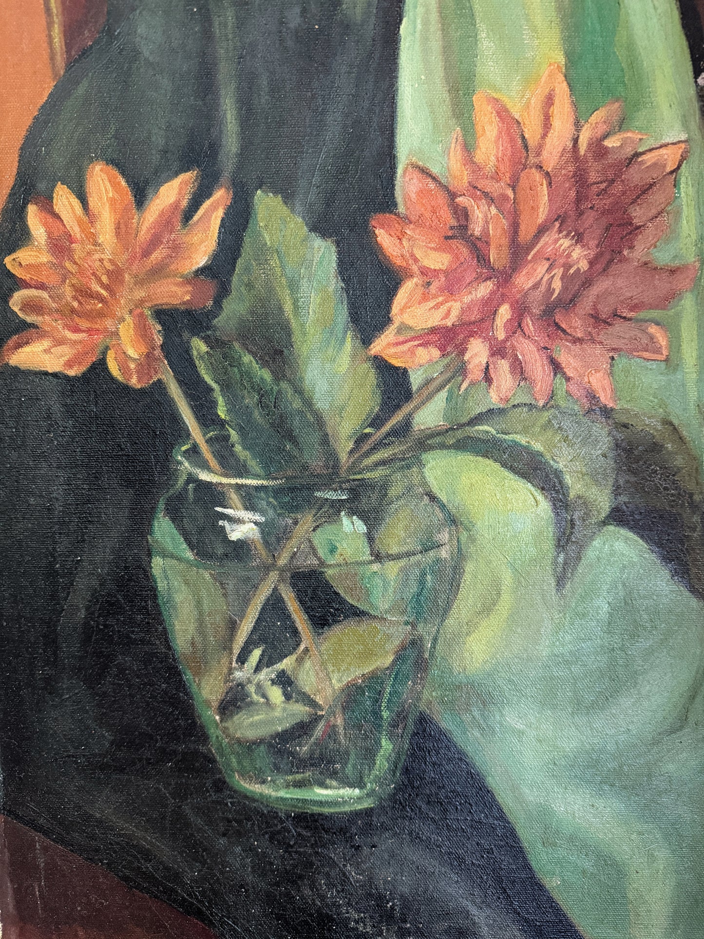 1960s Dahlia Floral Still Life - Oil on Canvas- 16 x 20”