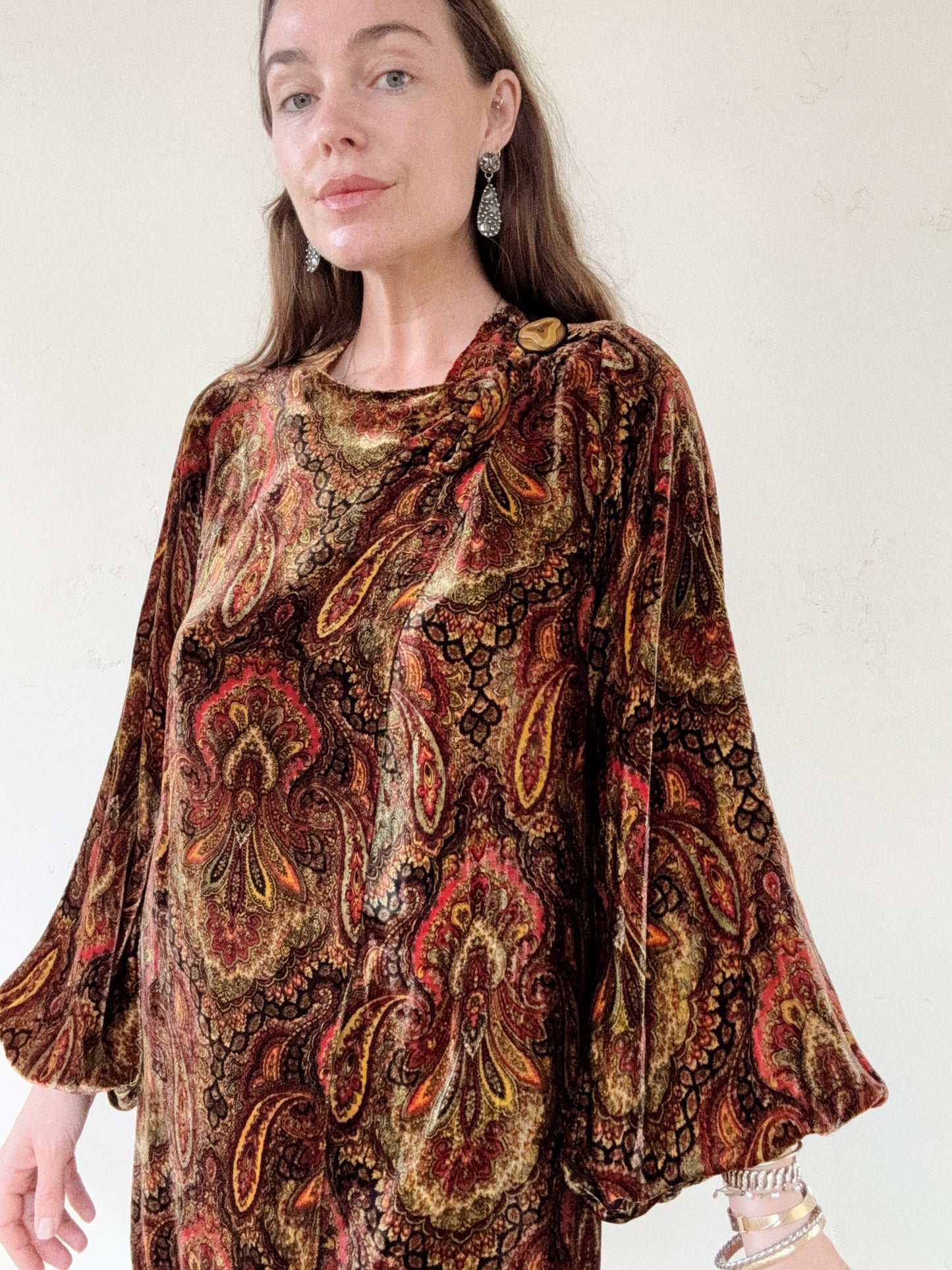 1930s Paisley Silk Velvet Jacket w/ Large Celluloid Button- S/M