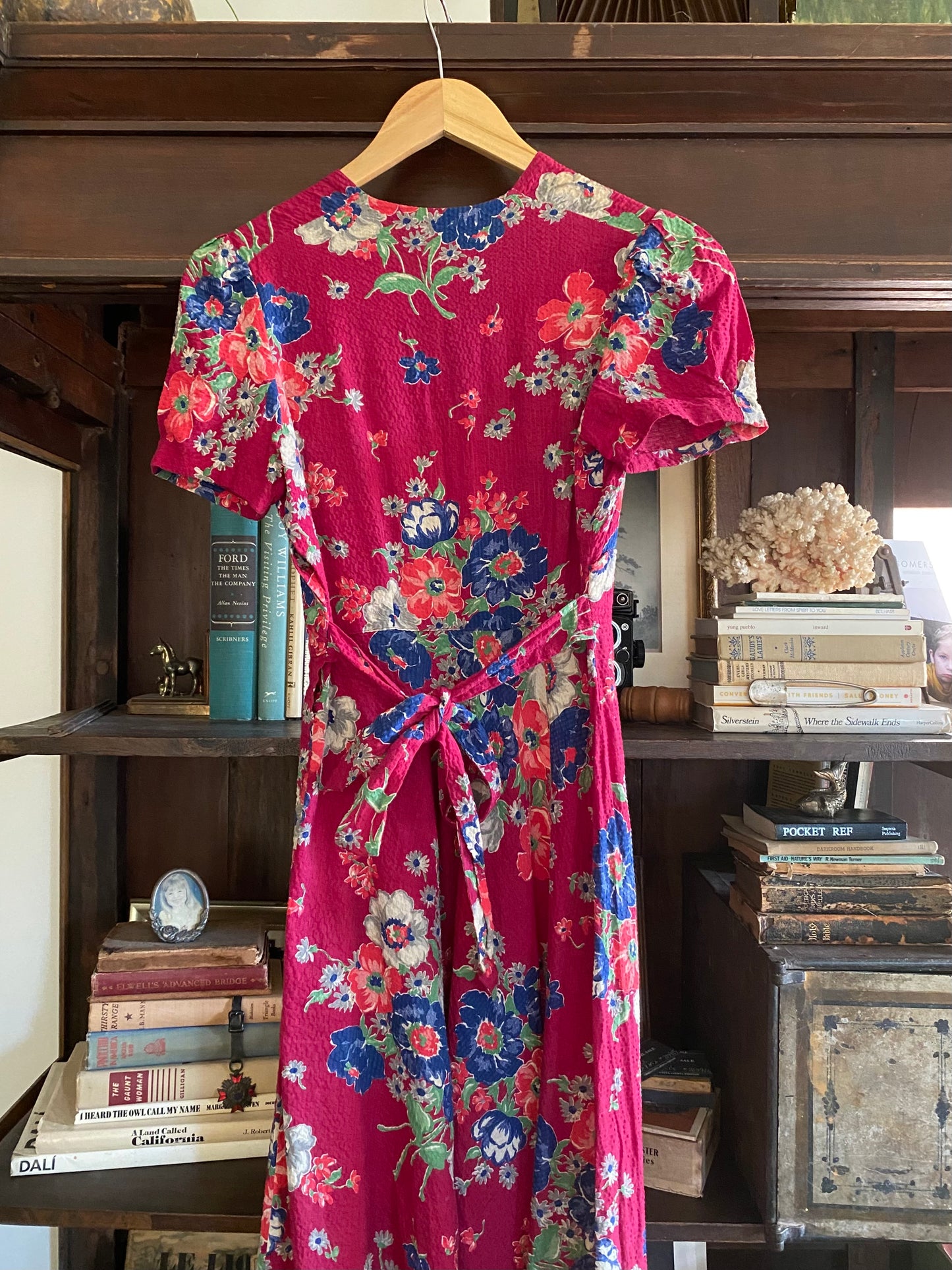 1930s Burgundy Fleur Puffed Sleeve Seersucker Maxi Dress- S