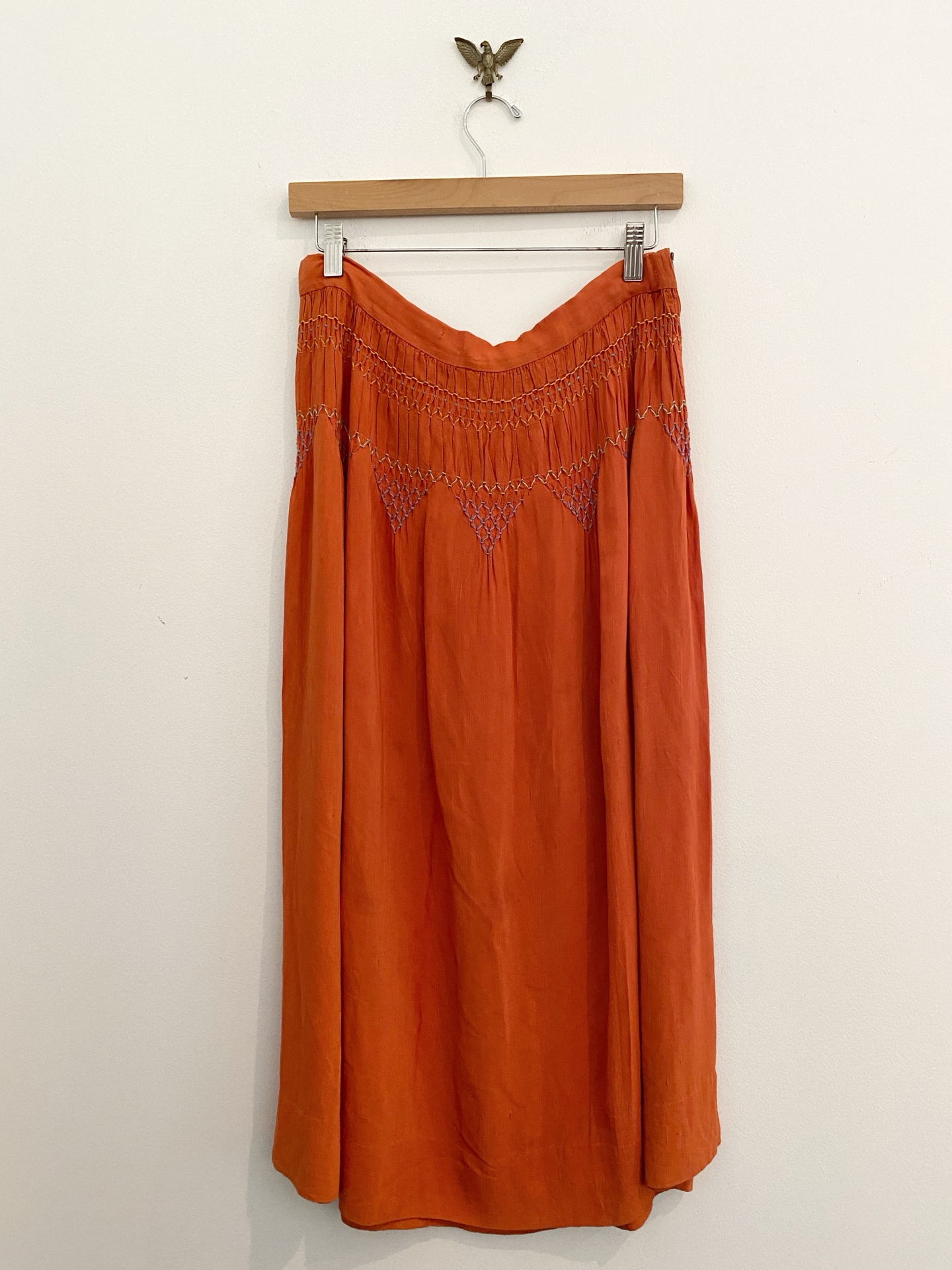 1940s Linen Smocked Orange Folk Skirt- 34” Waist