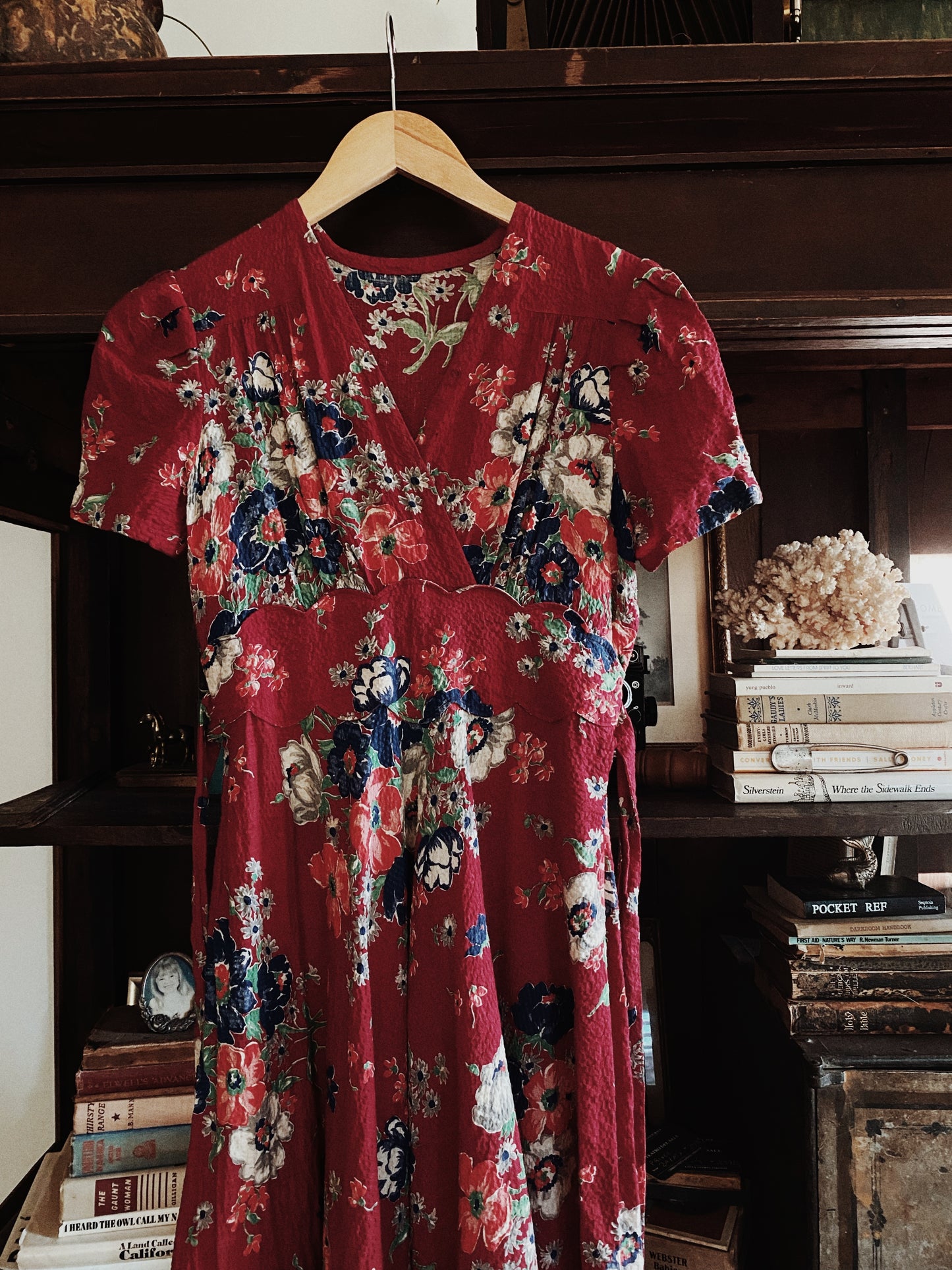 1930s Burgundy Fleur Puffed Sleeve Seersucker Maxi Dress- S