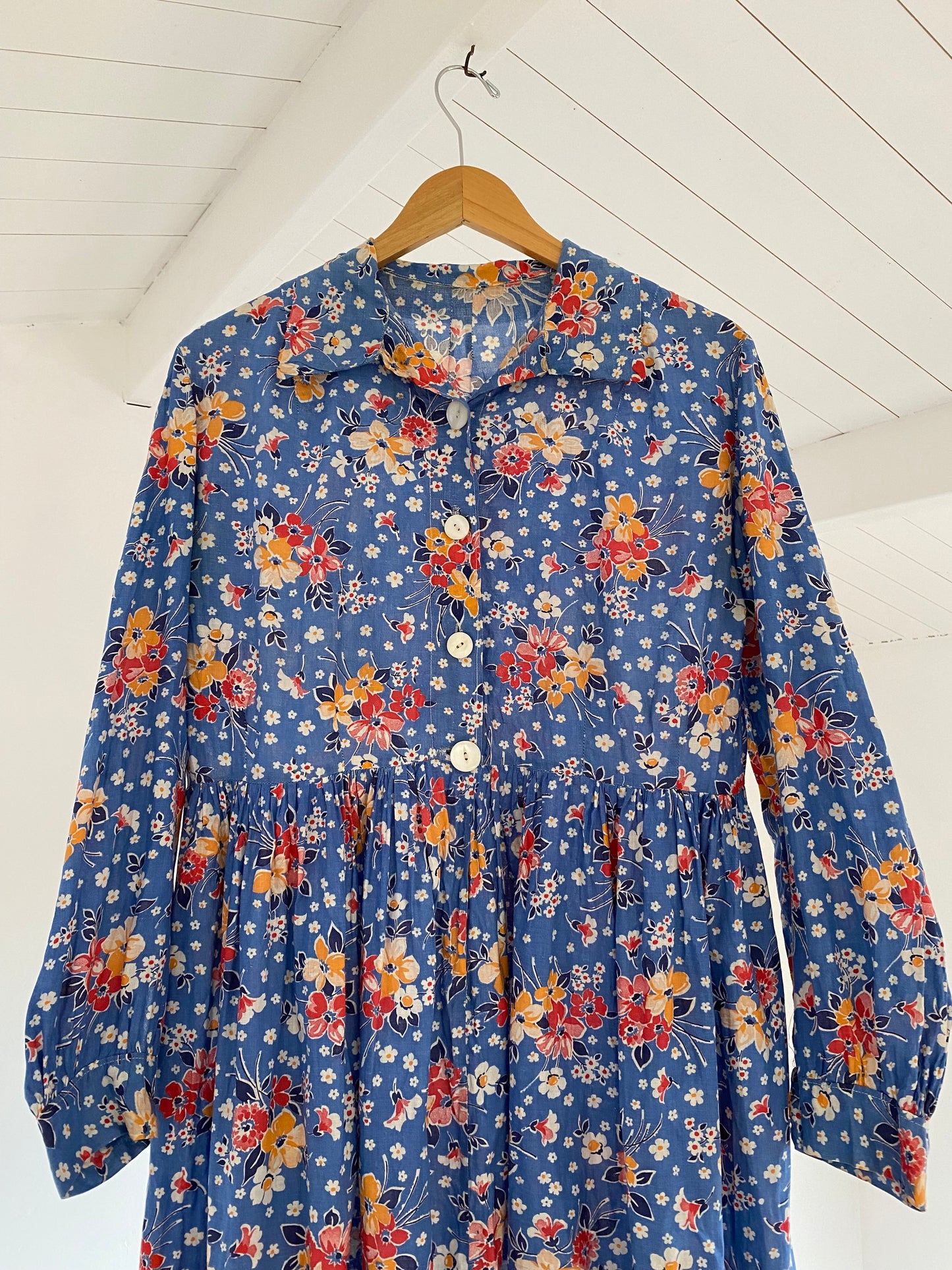 1930s/40s Blue Cotton Floral Maxi Feedsack Dress- M/L