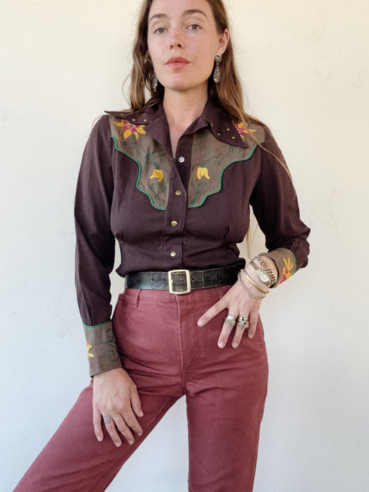 1940s Brown Gabardine Western Top w/ Chain Stitching + Star Studs- S/M
