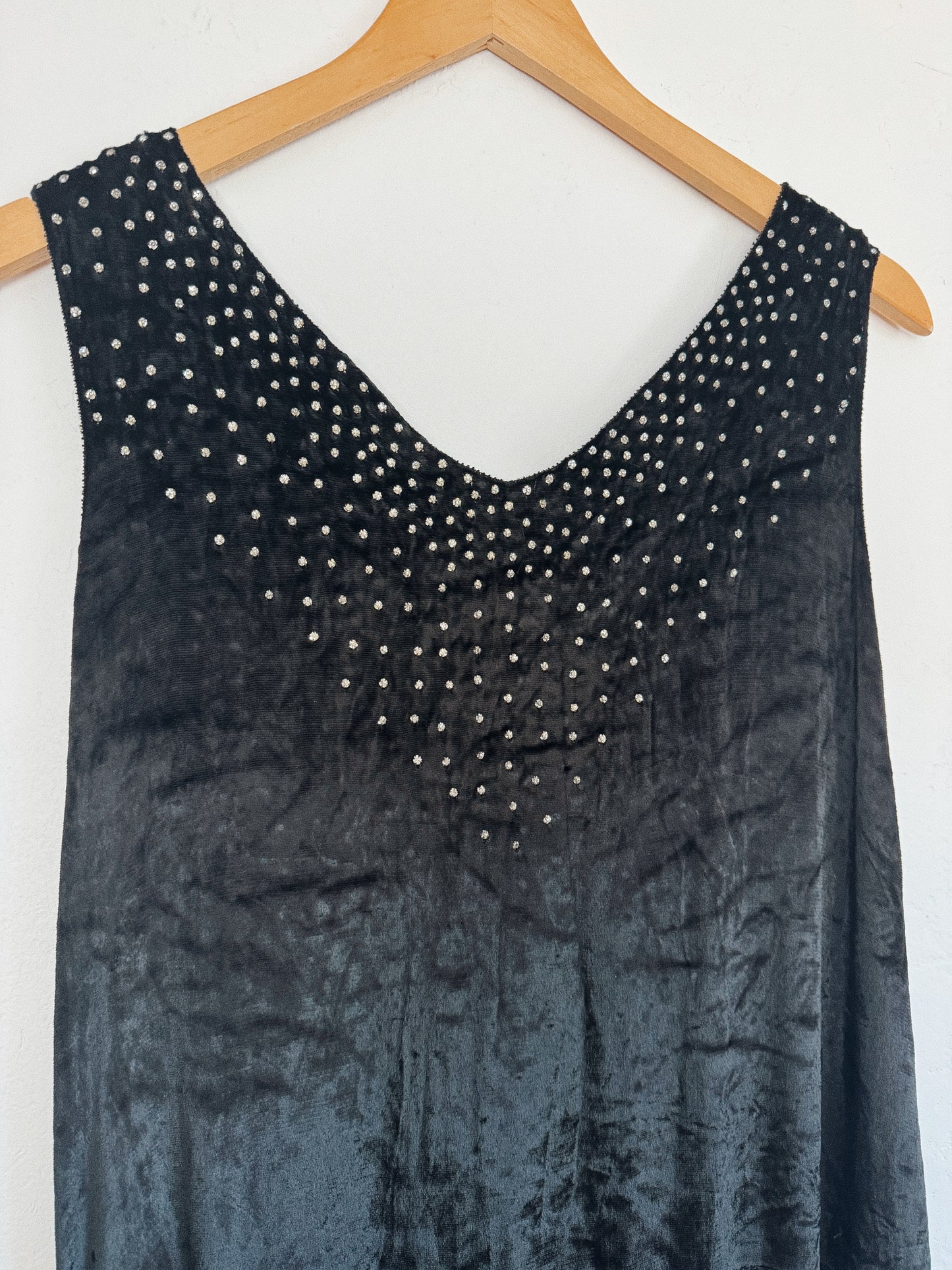 1920s Midnight Black Crushed Silk Velvet Diamenté Dress- S/M