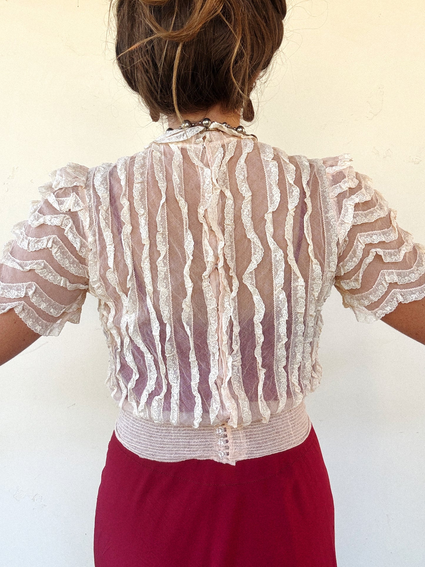 1930s/40s Blossom Pink Net + Lace Babydoll Blouse- S/M