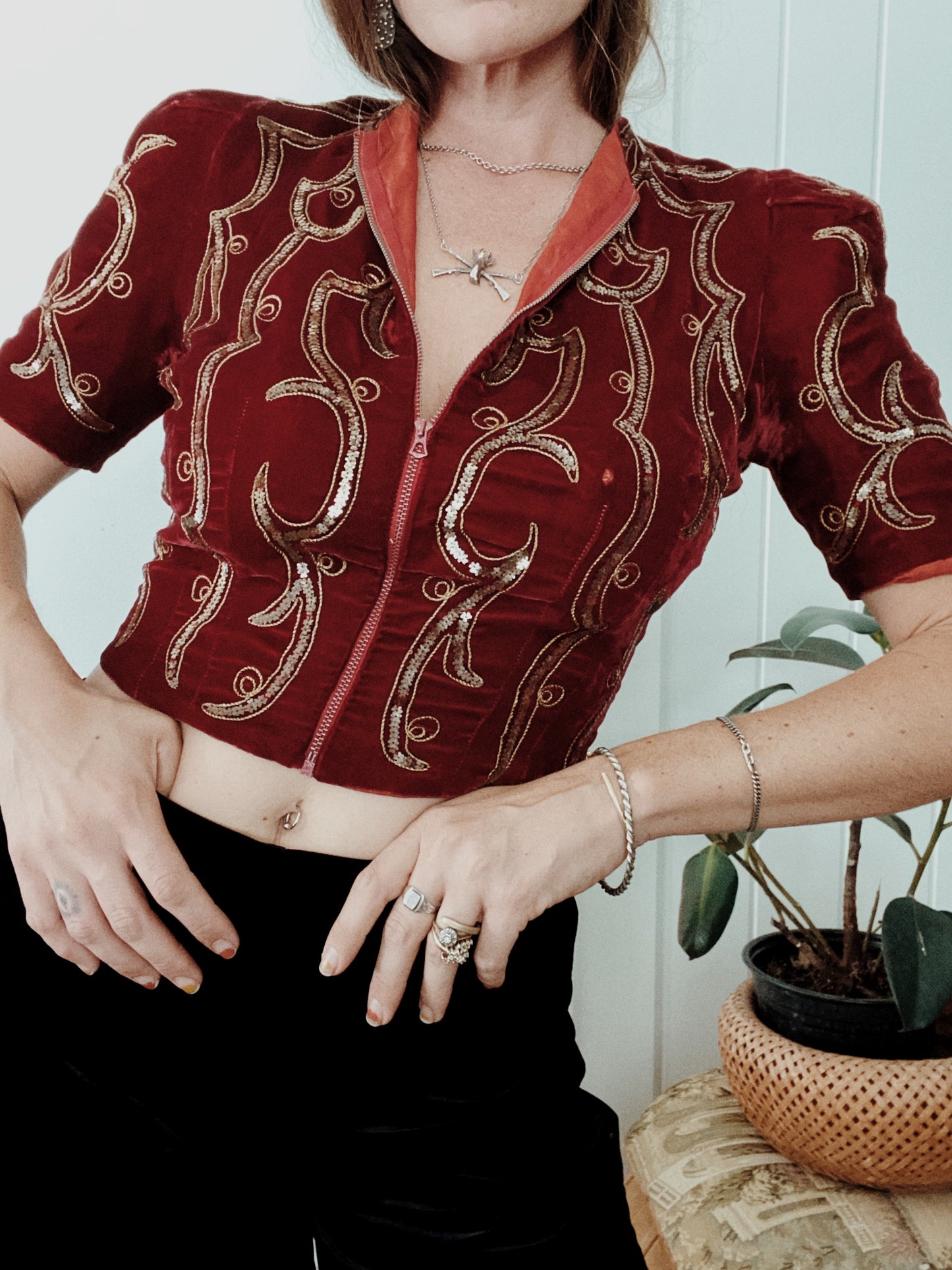 1930s Blood Red Silk Velvet Sequin Cropped Top w/ Bell Zip- S