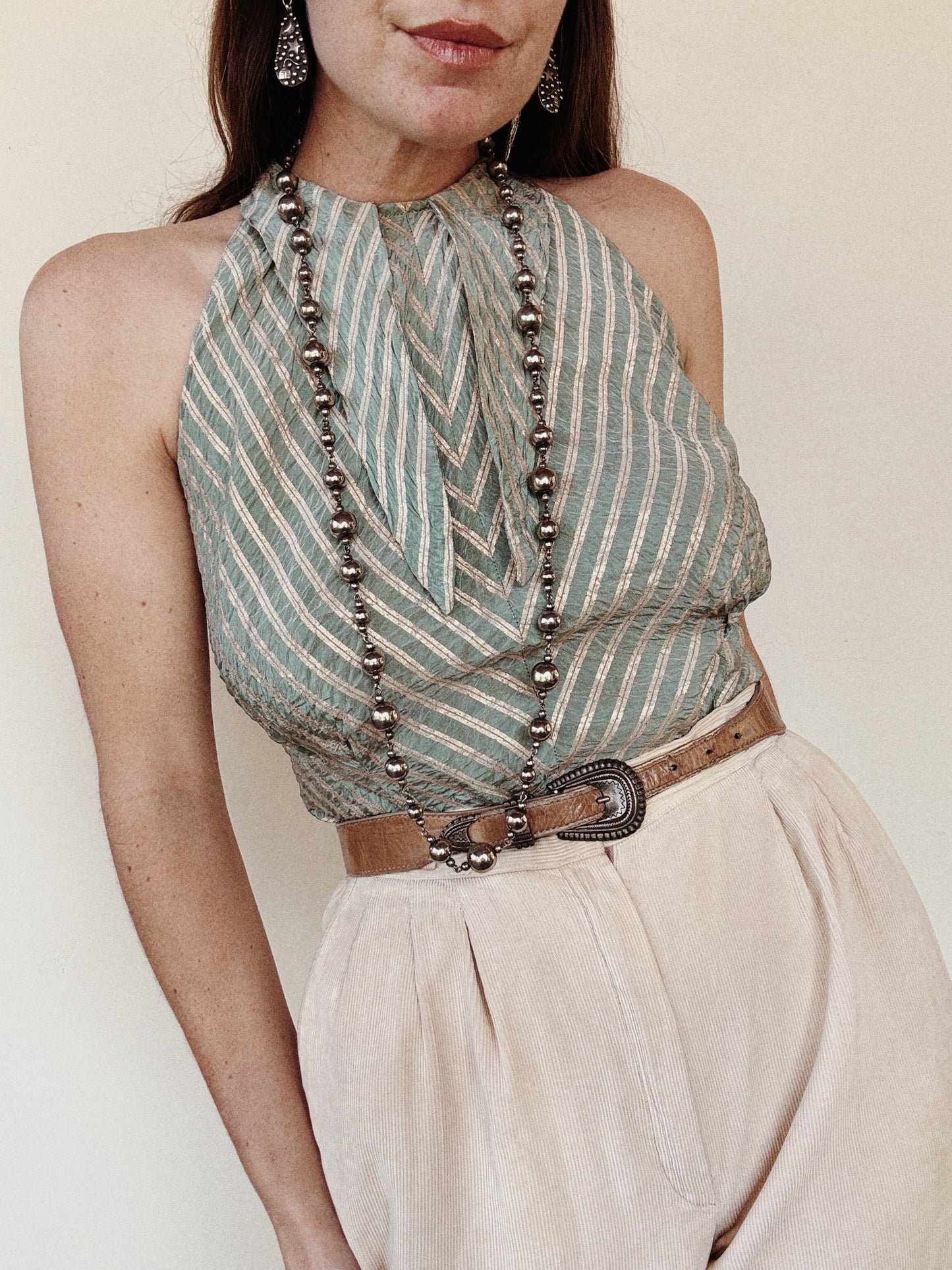 1930s Sea Foam Lamé Dagger Collar Halter Top- S/M