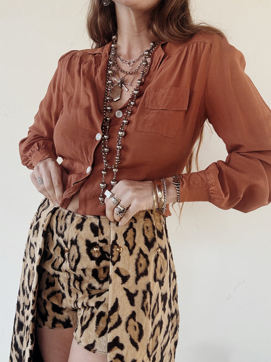 1950s Rare Leopard Faux Fur Short Ensemble w/ Brass Studs- S-S/M