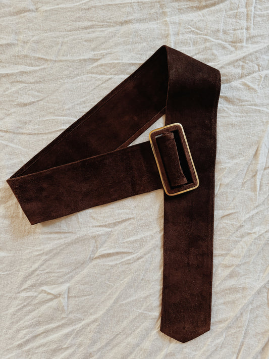 1970s Chocolate Brown Suede Oversized Belt- S-L