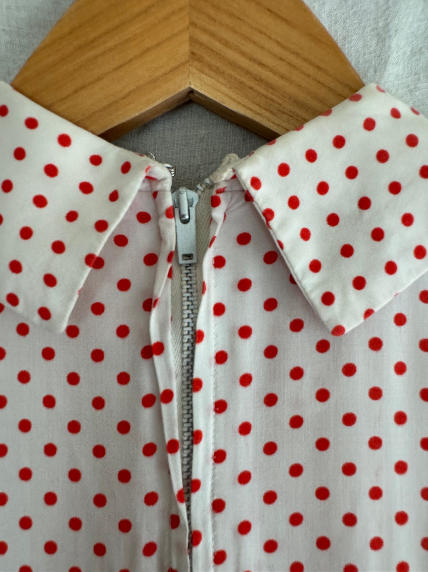 1940s/50s Cold Rayon White + Red Polka Dot Day Dress- S