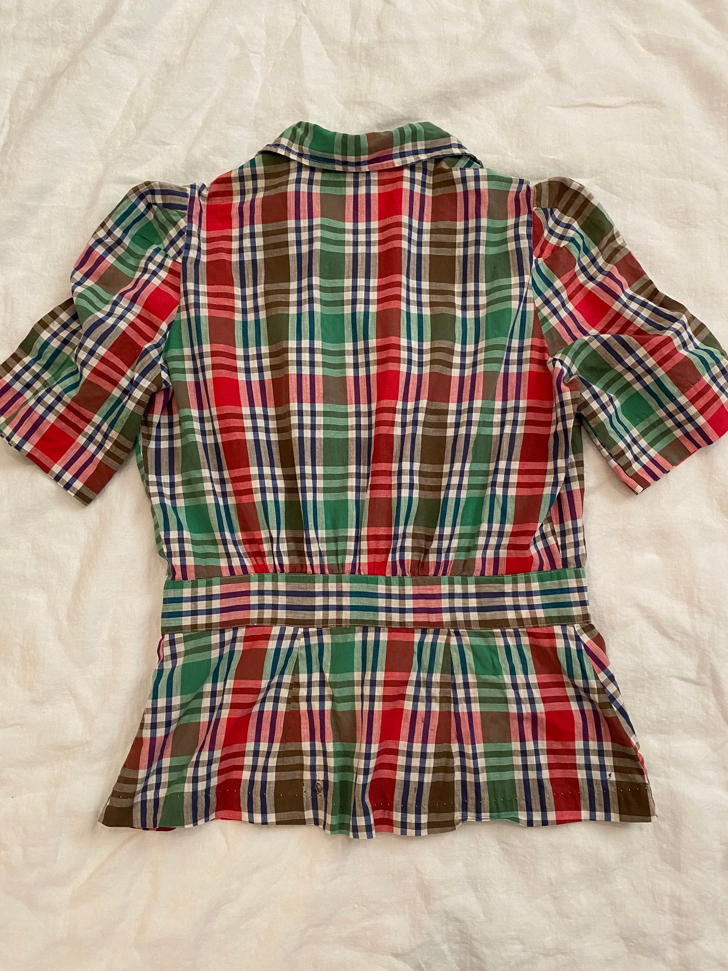1940s Plaid Peplum Blouse w/ Puffed Shoulders- M/L