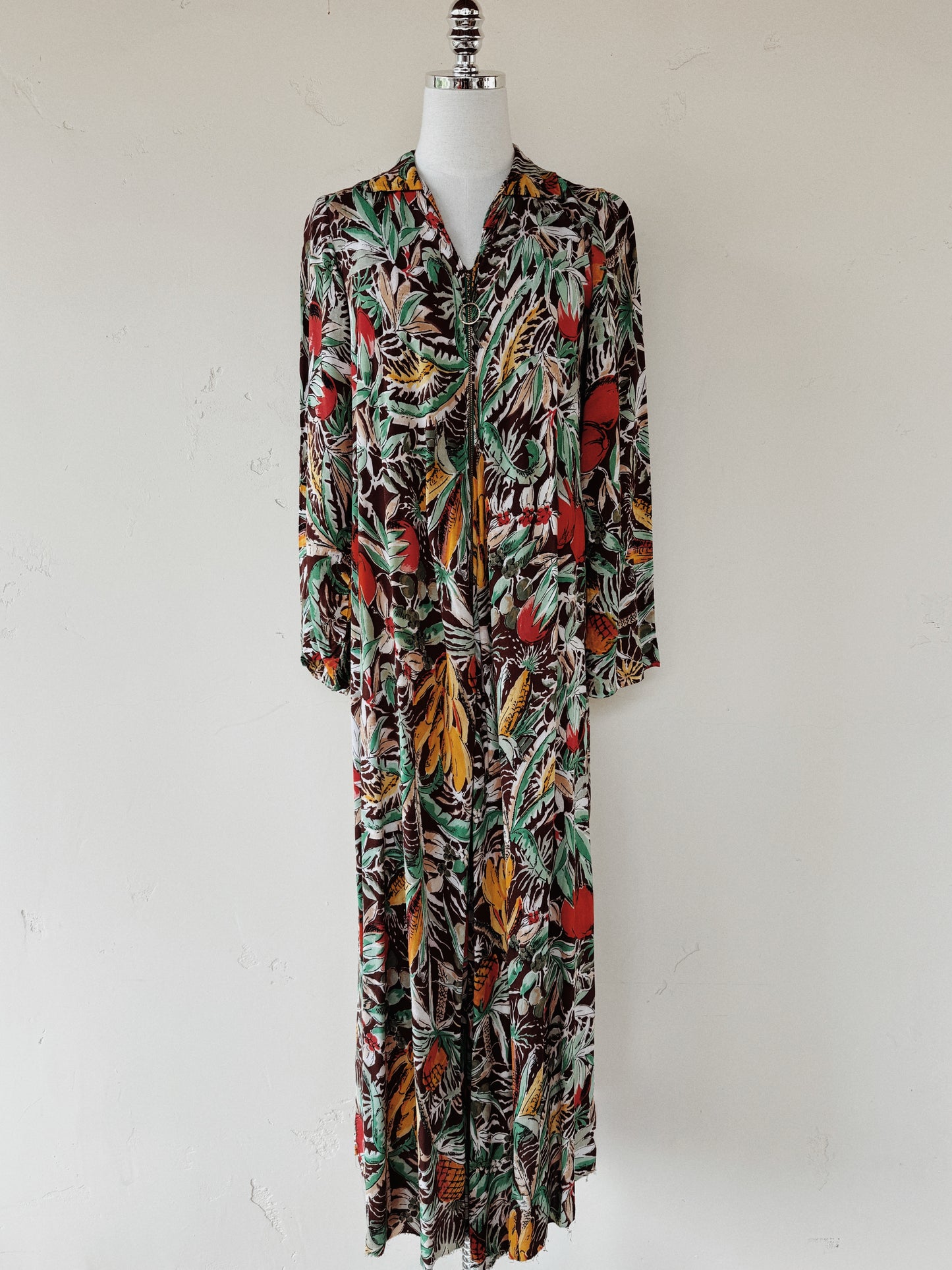 1940s Fruit Print Crepe Kaftan Dress- S/M