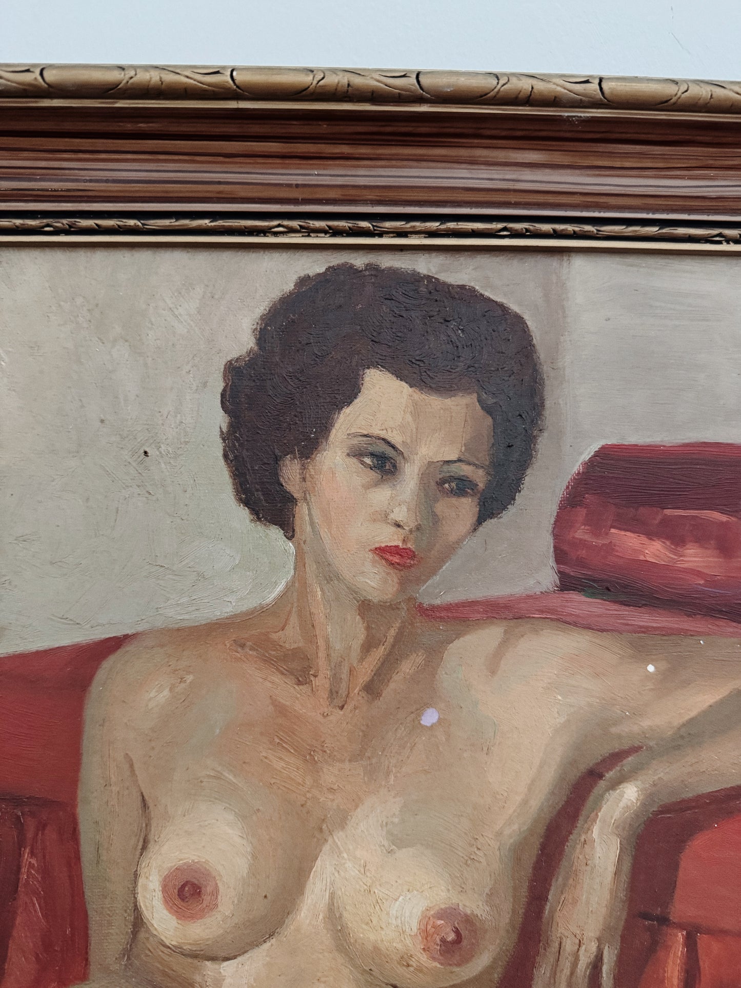 Mid Century Nude of Moroccan Woman on Red Striped Carpet- 21 x 25”