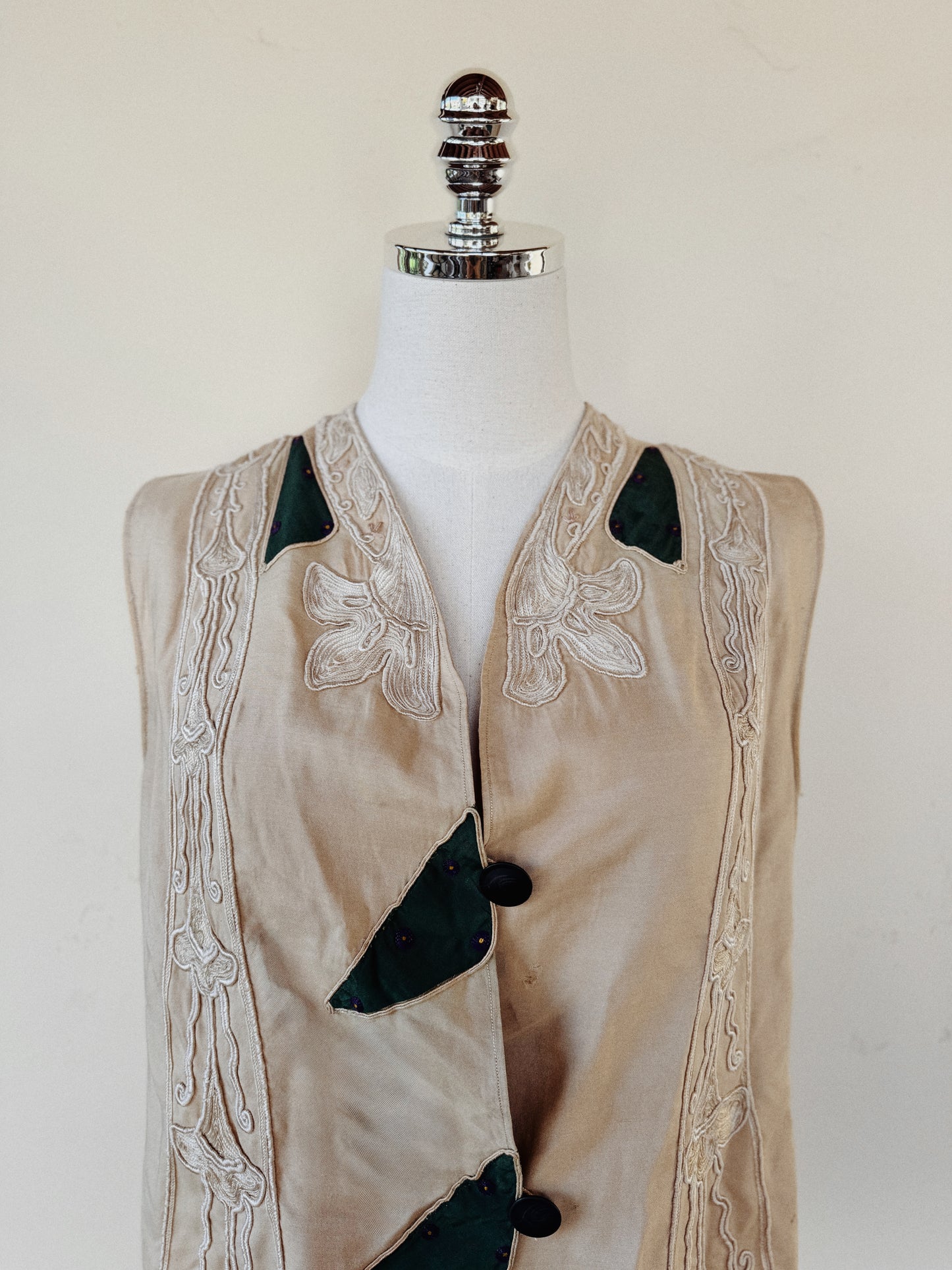Antique Ecru Art Nouveau Silk Patchwork Vest