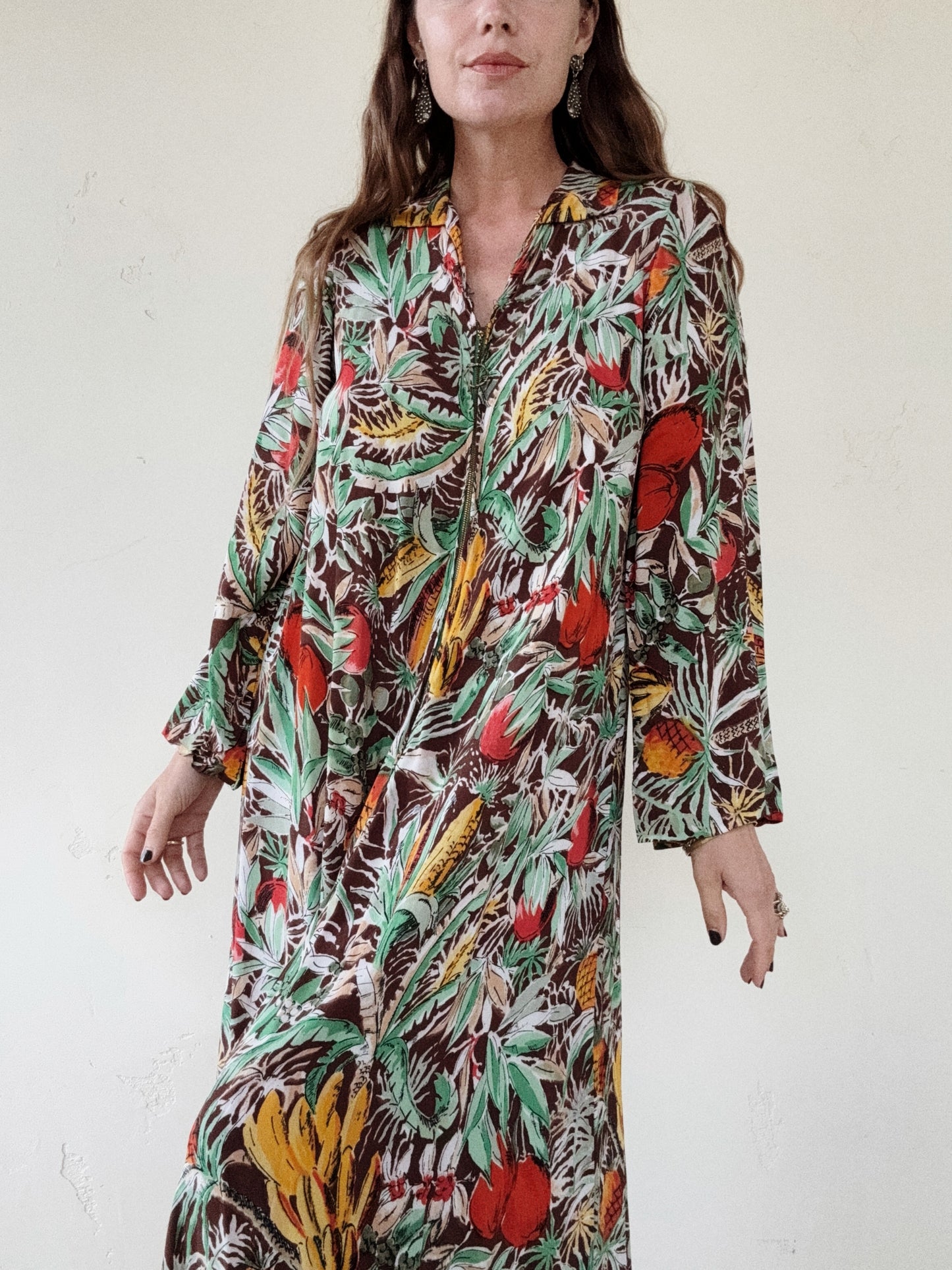 1940s Fruit Print Crepe Kaftan Dress- S/M
