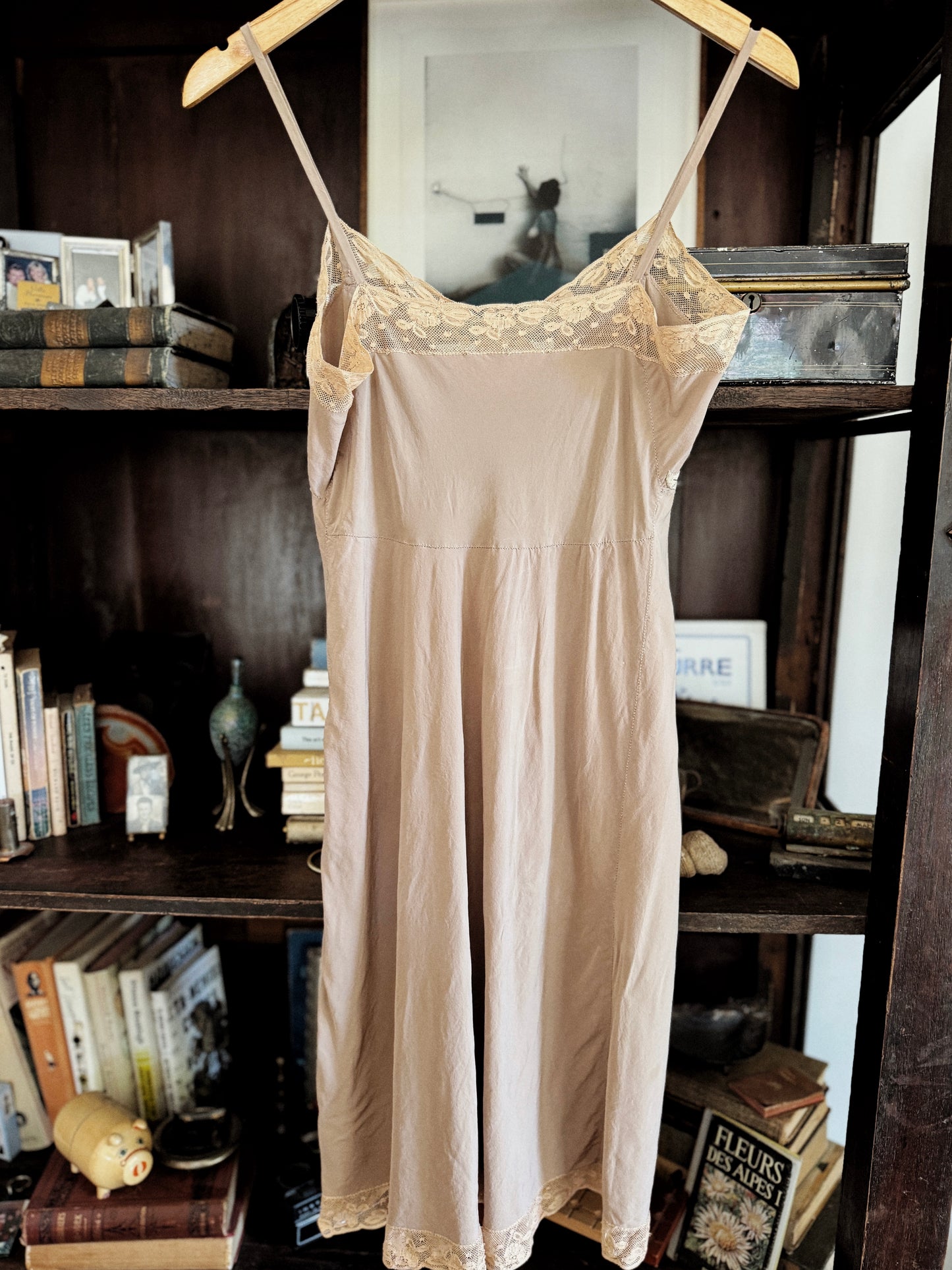 1930s Creamy Mocha Silk Slip Dress w/ Lace + Foliage Appliqué- S