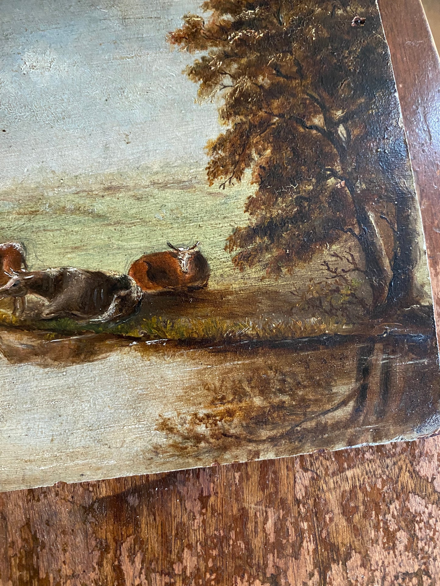 19th C. Petite English Pastoral Country Scene w/ Cows- 7x10”