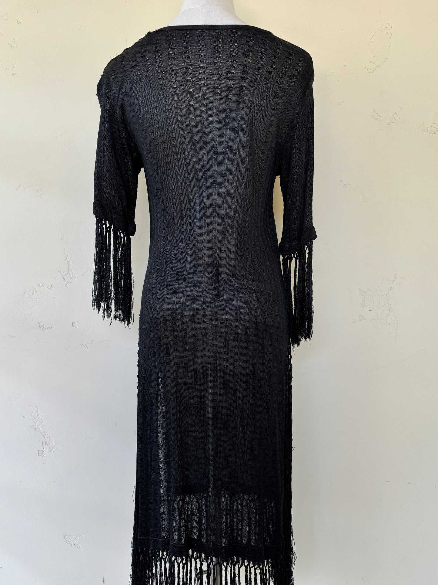1920s Black Knit Rayon Jersey Fringe Dress- S/M