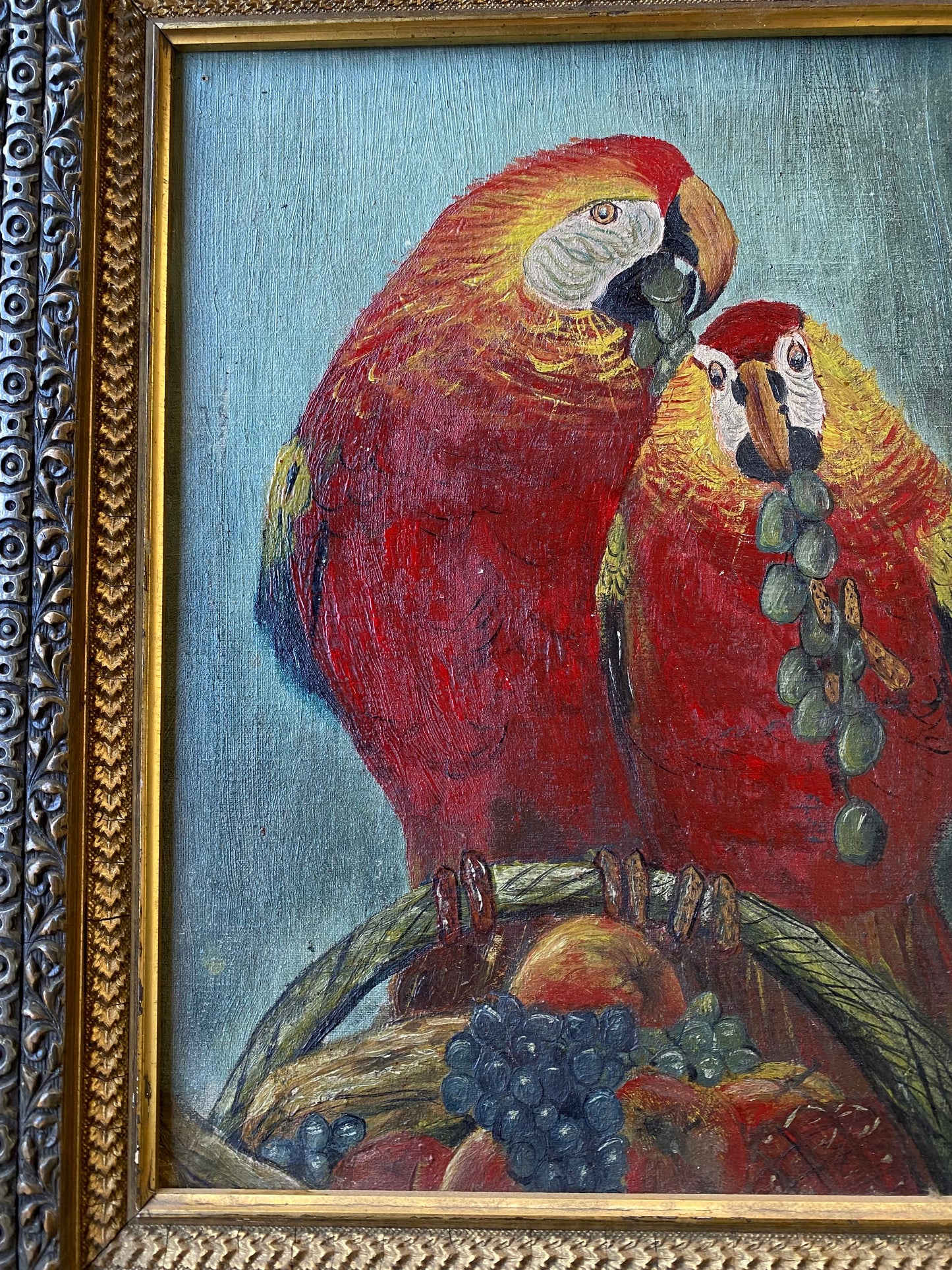 Antique Oil Painting of Parrots in Gilt Frame, Dated 1919- 16 x 18”