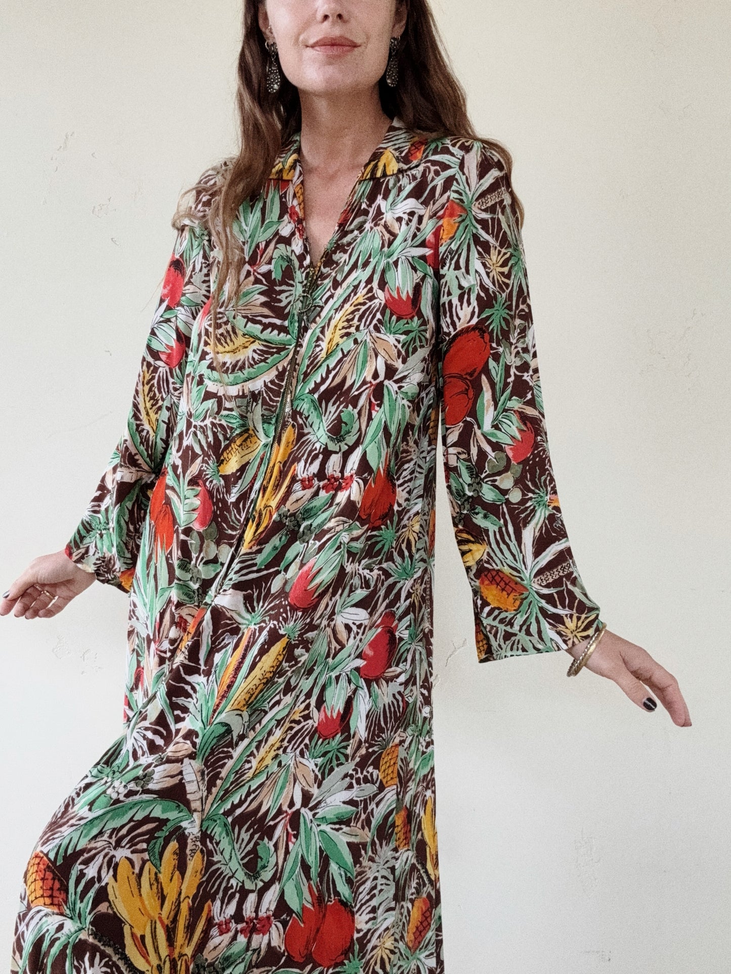 1940s Fruit Print Crepe Kaftan Dress- S/M
