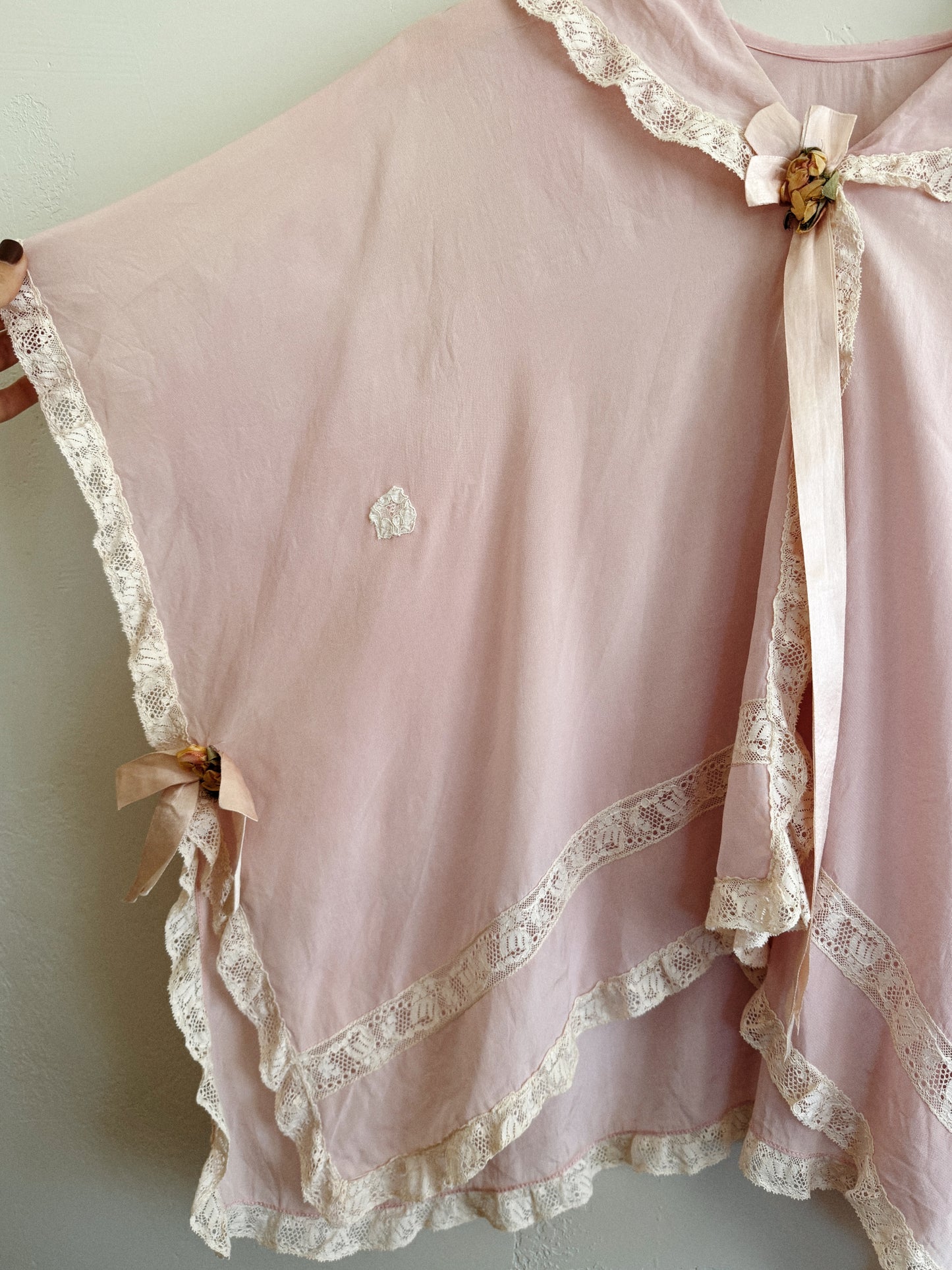 Edwardian Pink Silk + Lace Tabard Bed Jacket- S-L