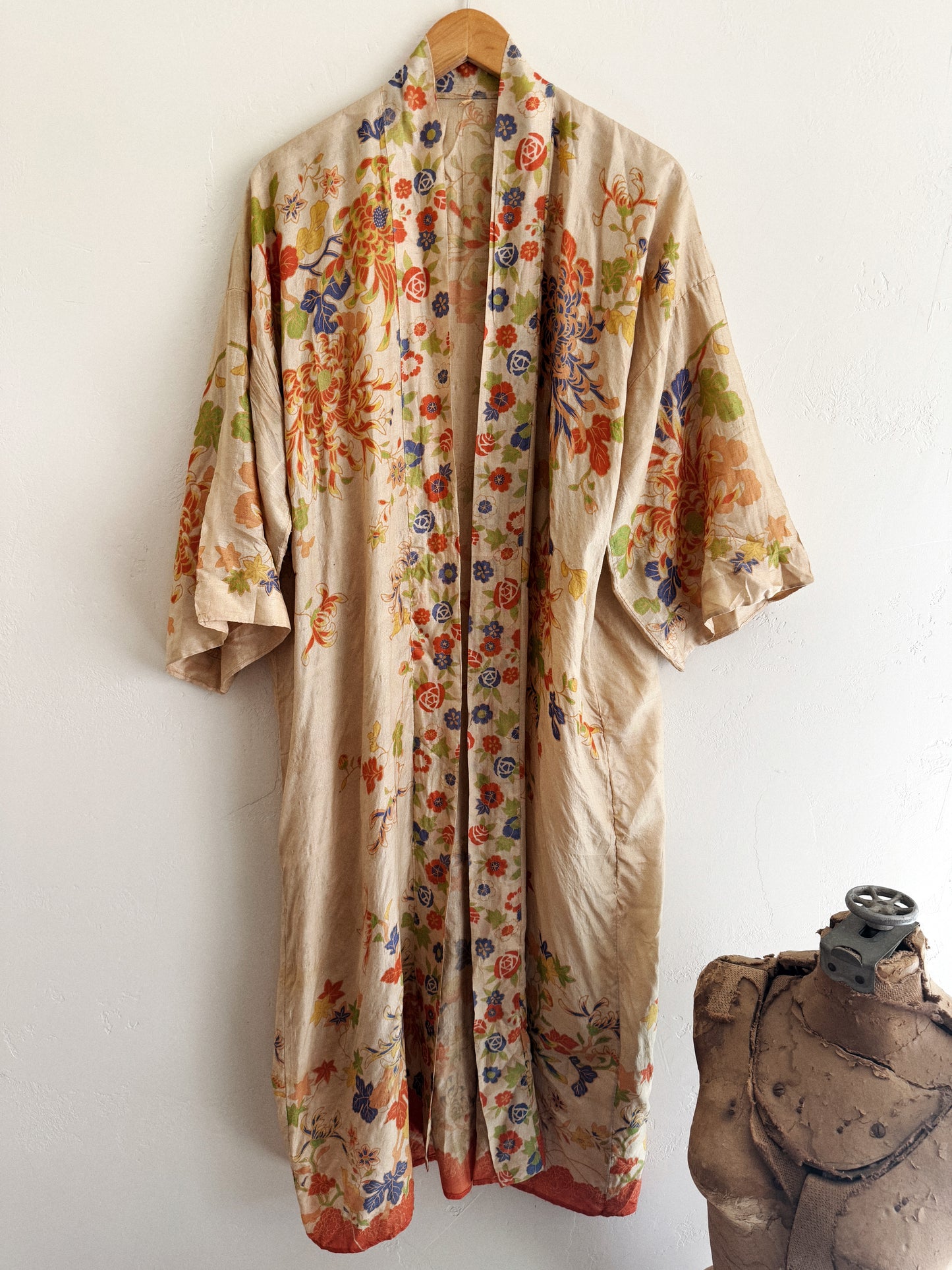 1920s Chartreuse Pongee Silk Duster w/ Chrysanthemum + Autumnal Leaves