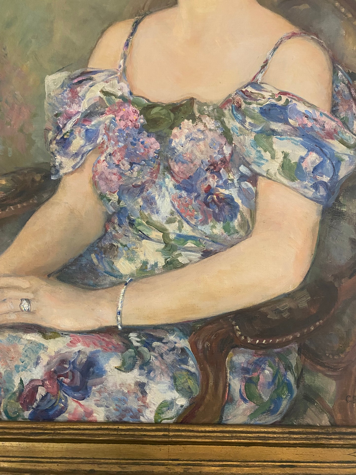 1930s Large Sage + Violet Portrait of a Woman in Gilt Frame- 29 x 37”