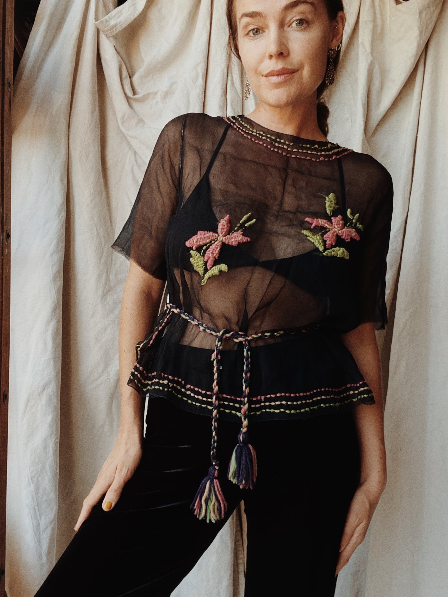 1920s Black Chiffon Top W/ Floral Embroidery- S/M