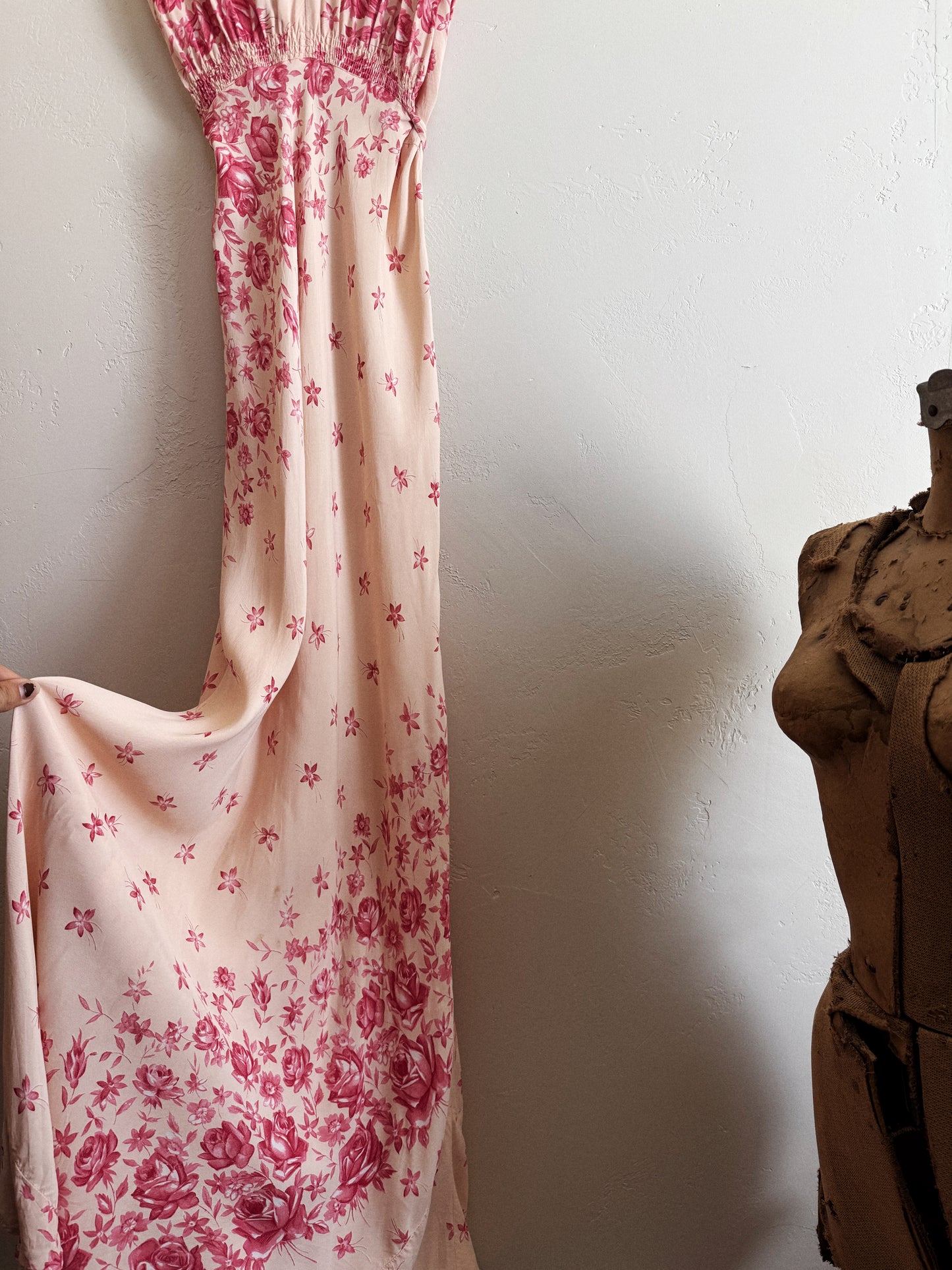 1940s Unique Asymmetrical Rose Printed Slip Dress w/ Tie- M/L