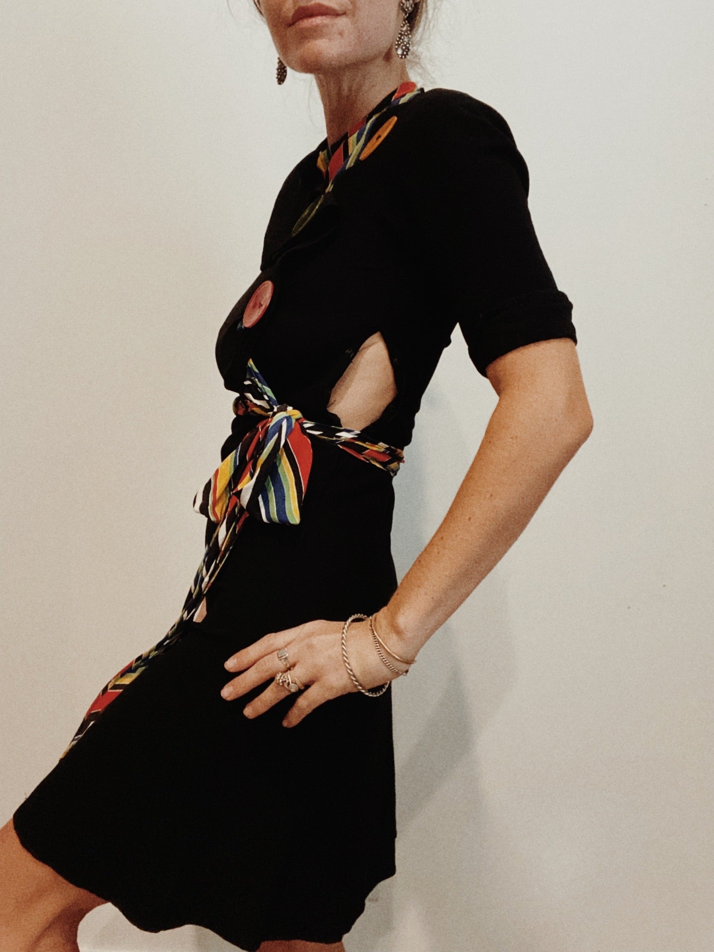 1930s Blck Deco Rayon Jersey Mini Dress w/Oversized Buttons- XS/S