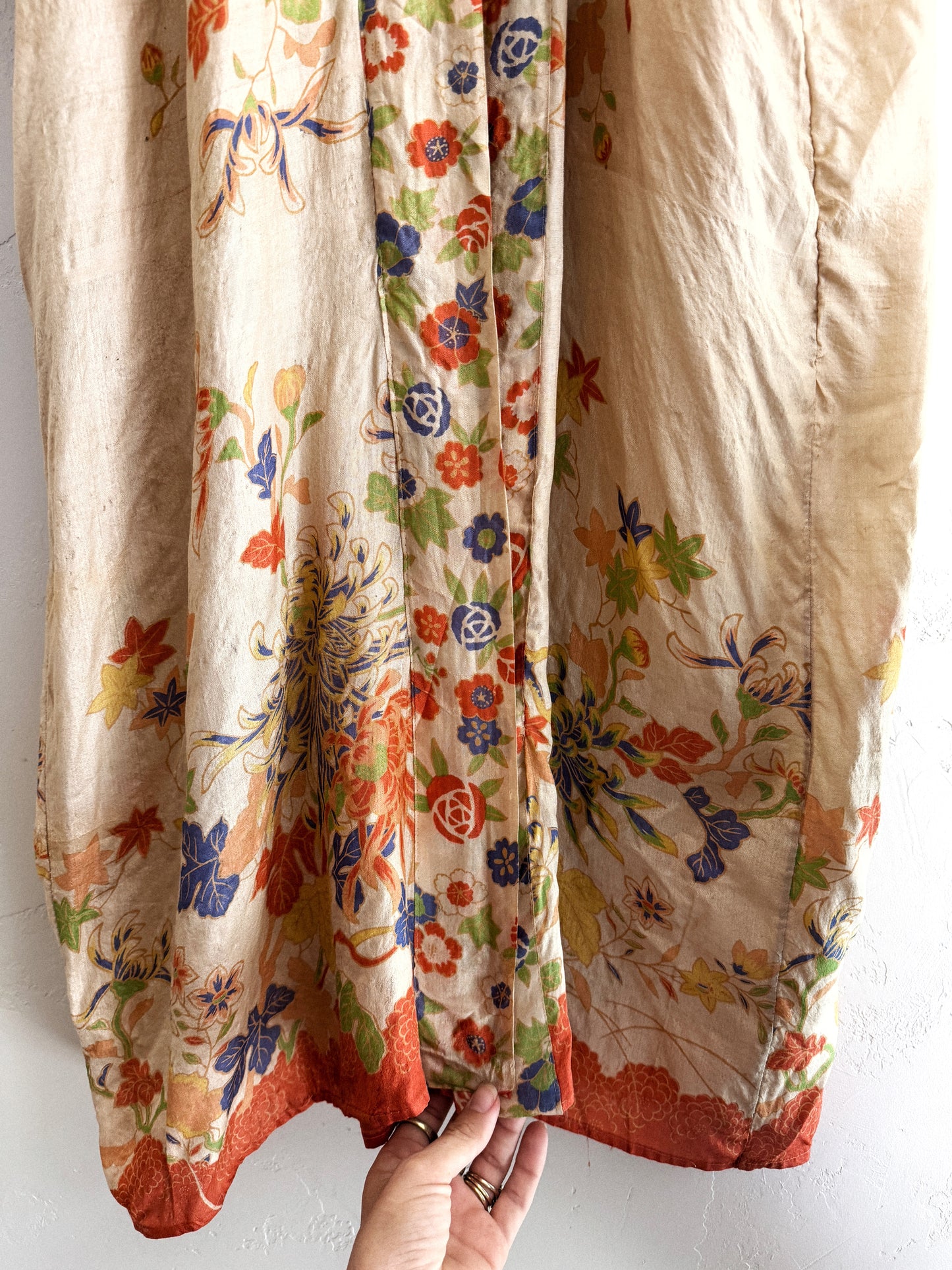 1920s Chartreuse Pongee Silk Duster w/ Chrysanthemum + Autumnal Leaves