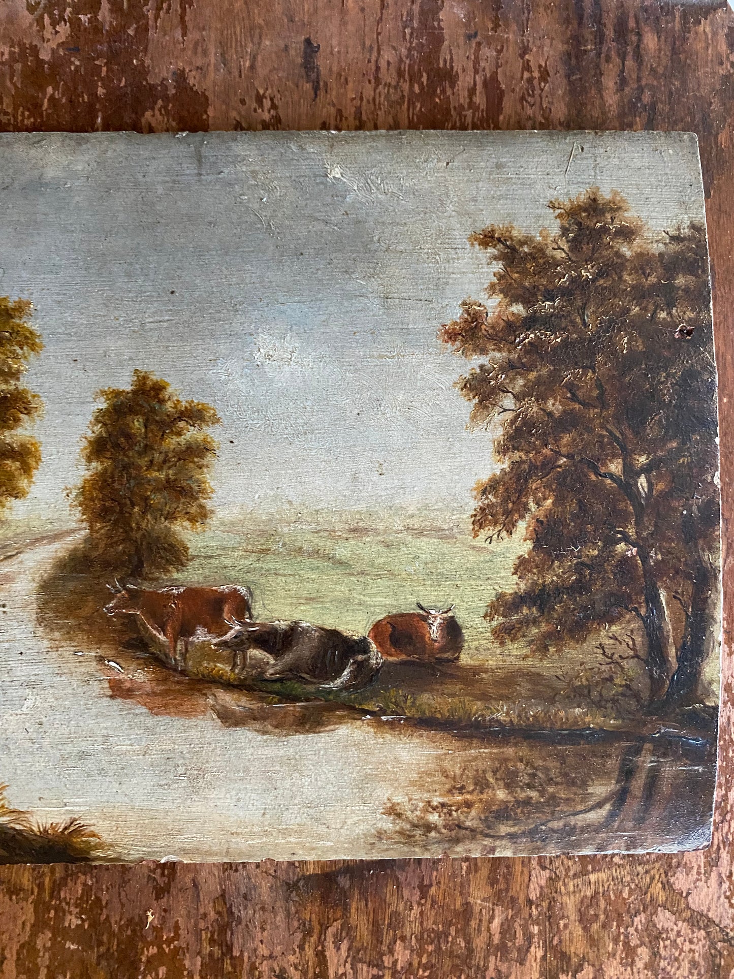 19th C. Petite English Pastoral Country Scene w/ Cows- 7x10”