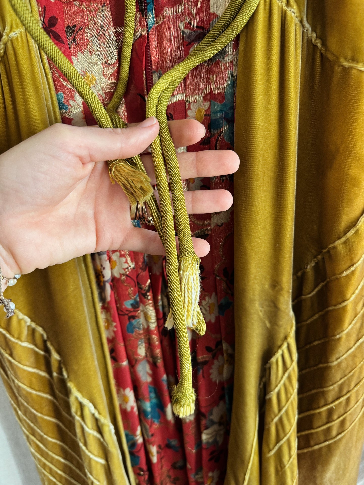 1930s Medieval Golden Velvet + Red Floral Lamé Gown- S/M