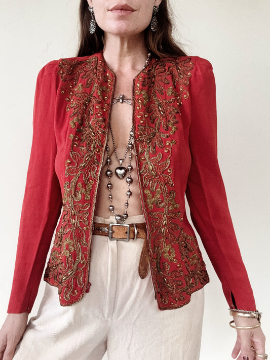 1930s Heavily Studded Muted Red Jacket w/ Gold Bullion- S/M-M