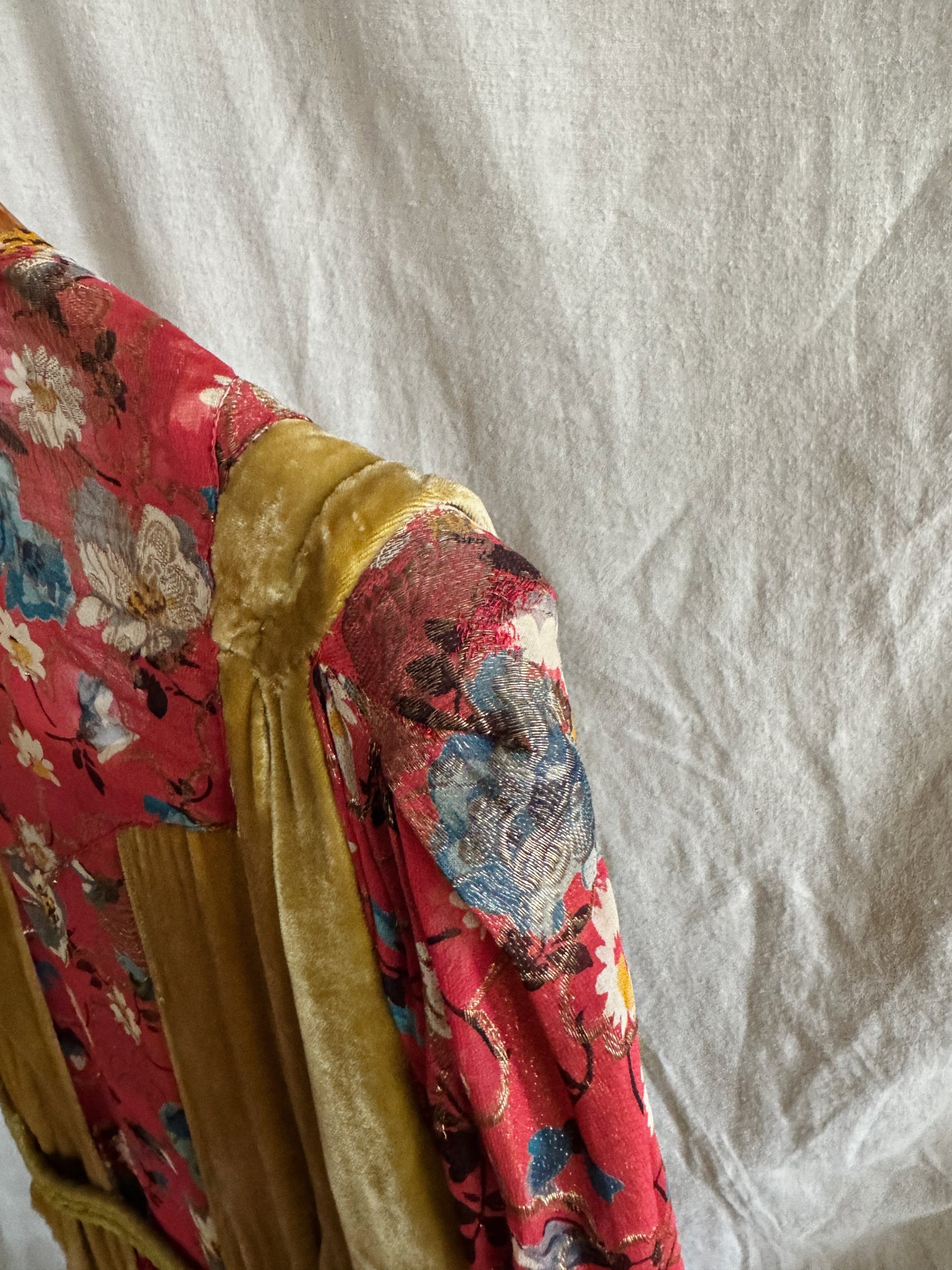 1930s Medieval Golden Velvet + Red Floral Lamé Gown- S/M